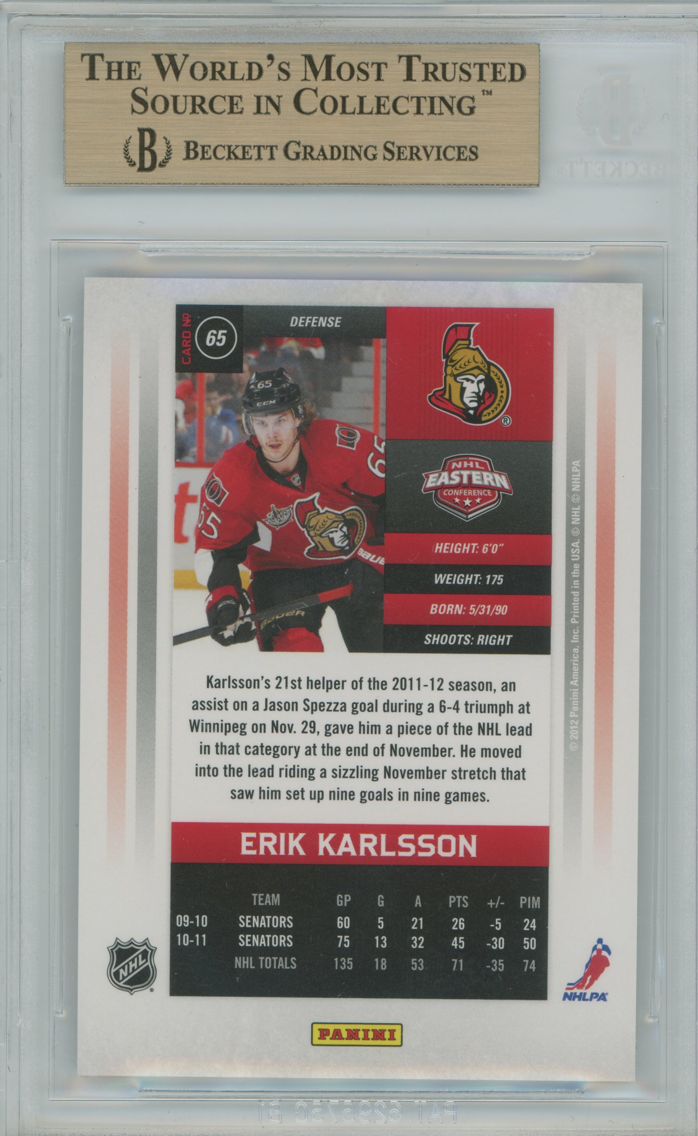 2011-12 Contenders Gold Erik Karlsson BGS 9.5