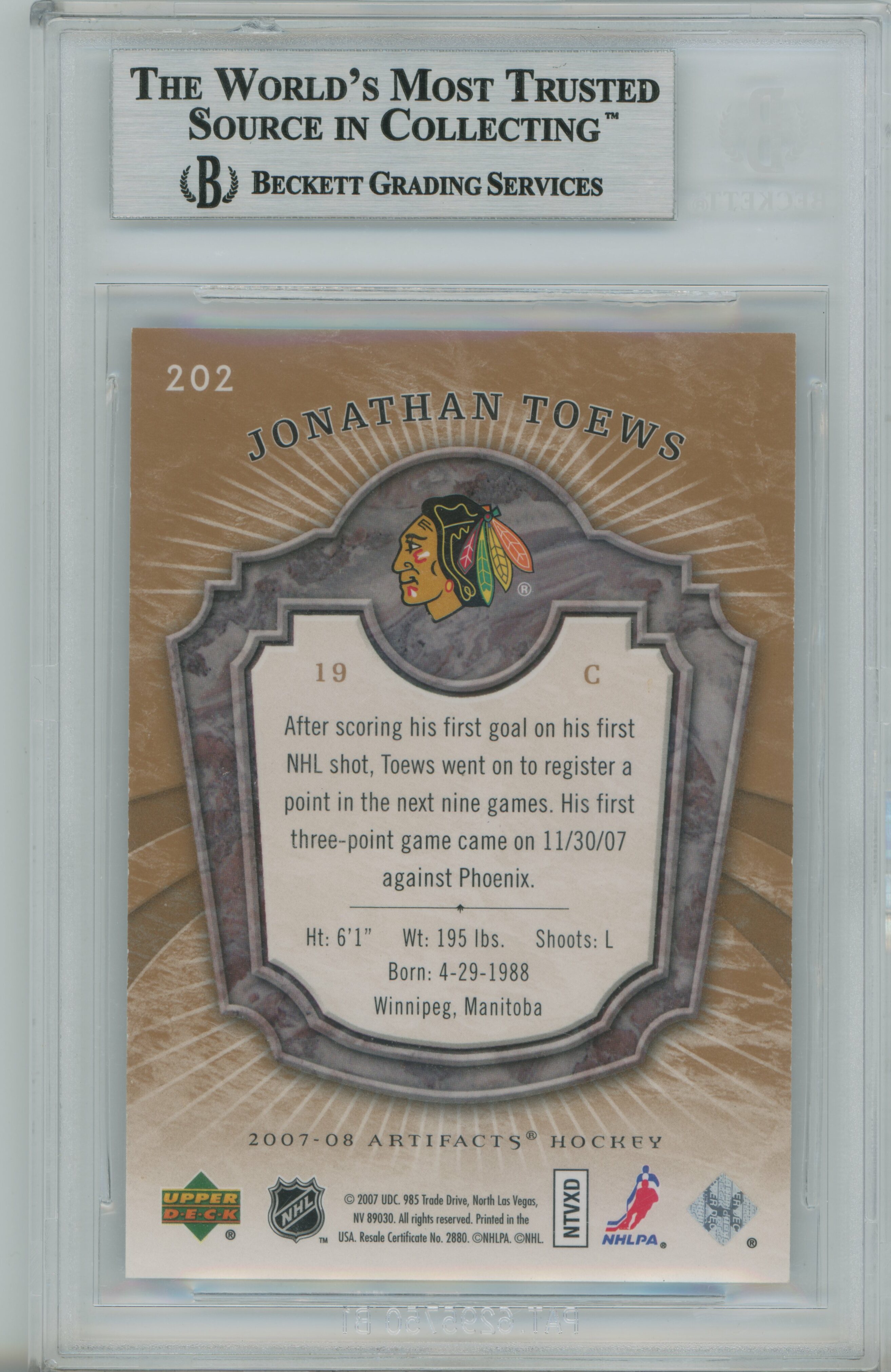 2007-08 Artifacts RC Jonathan Toews BGS 8.5