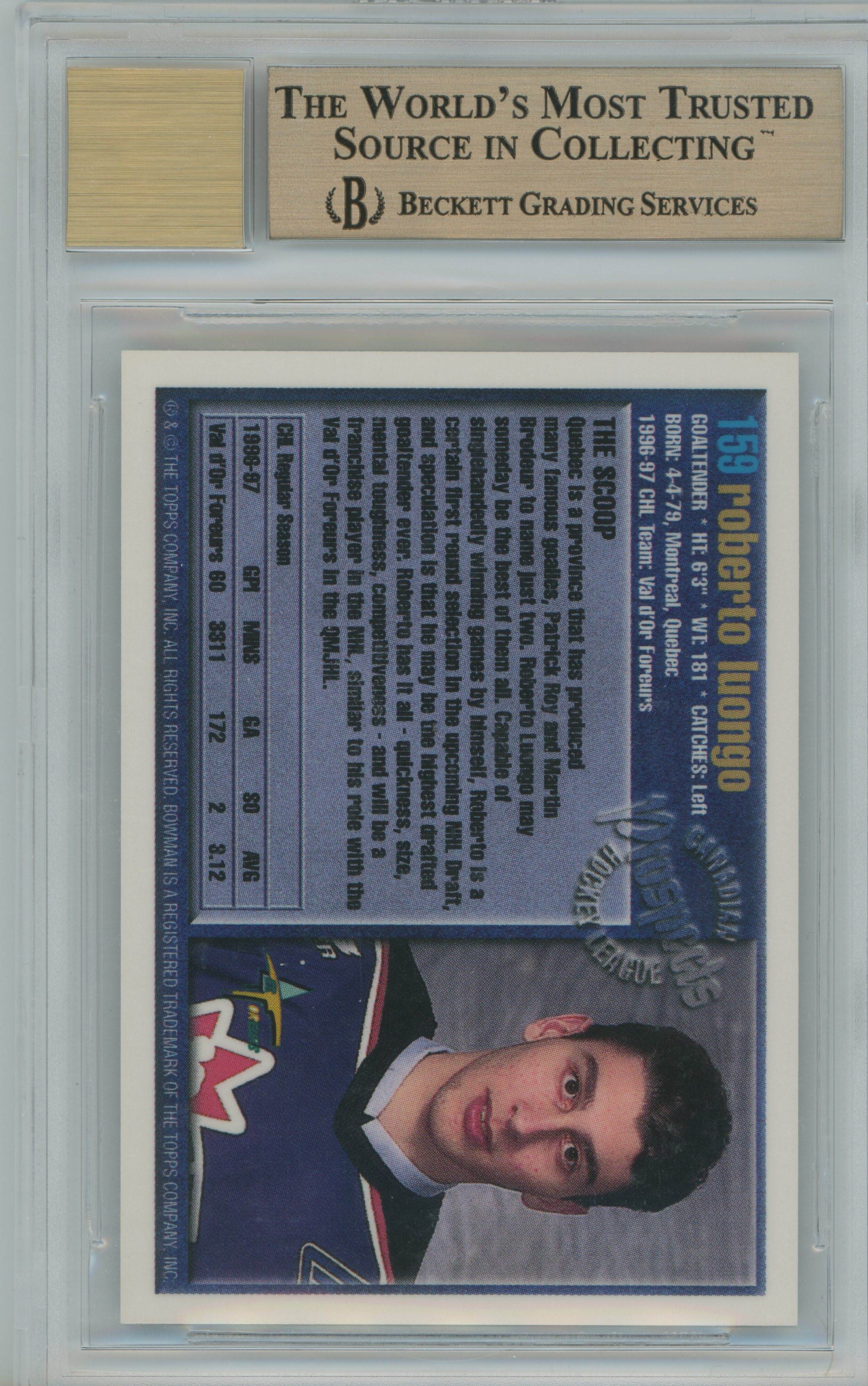 1997-98 Bowman CHL Auto RC Roberto Luongo BGS 9.5