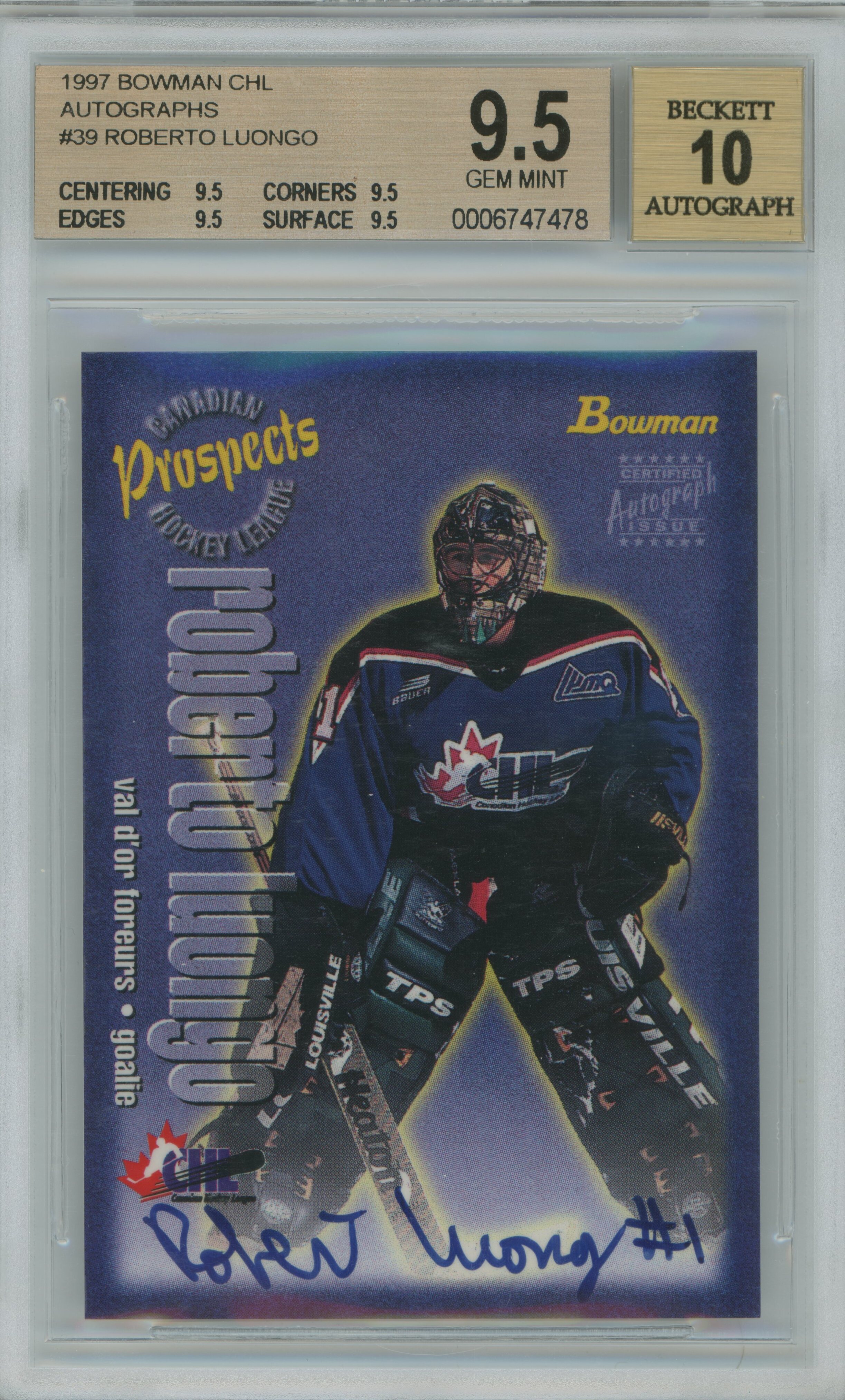 1997-98 Bowman CHL Auto RC Roberto Luongo BGS 9.5