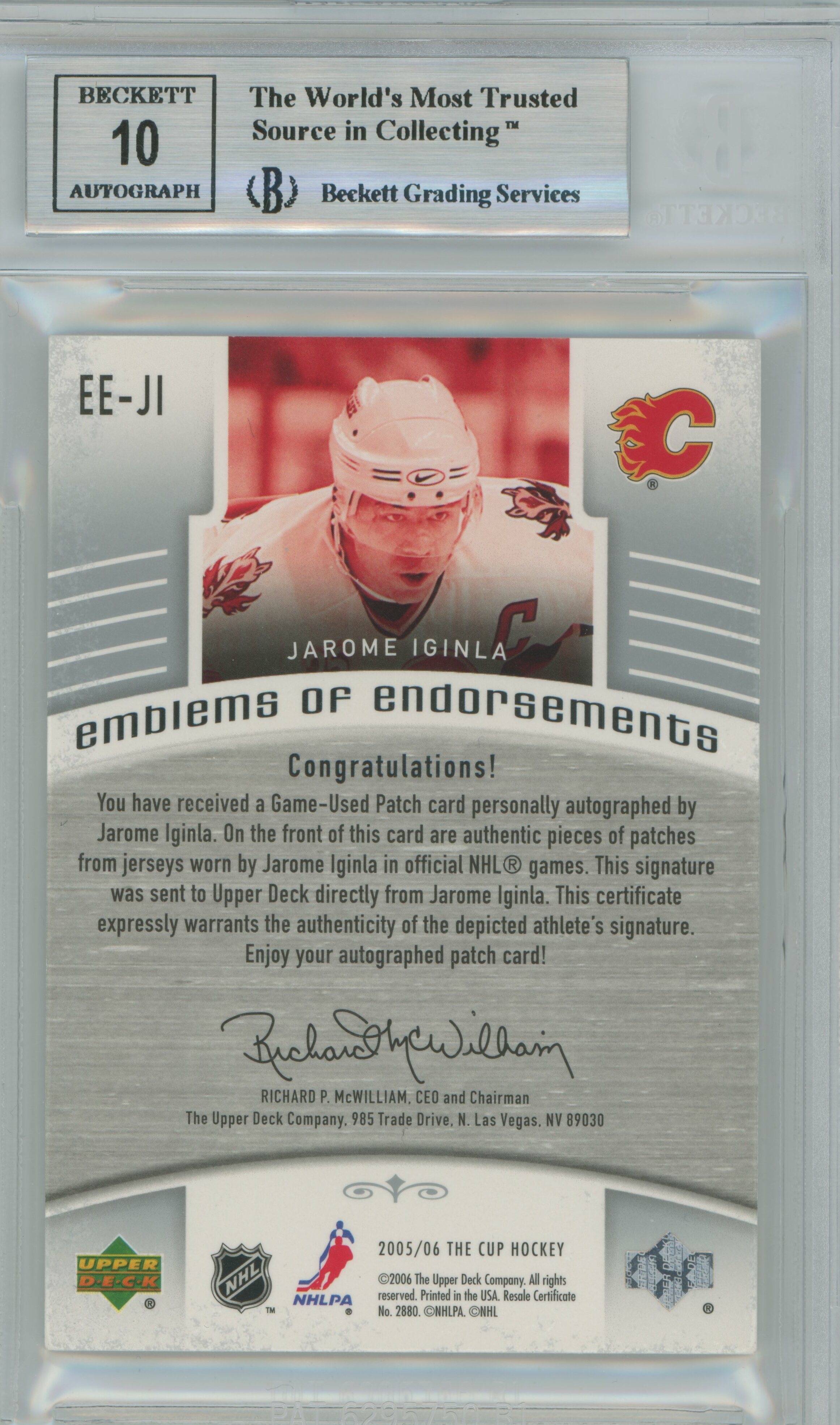 2005-06 The Cup Emblems of Endorsement Patch Auto Jarome Iginla BGS 8.5