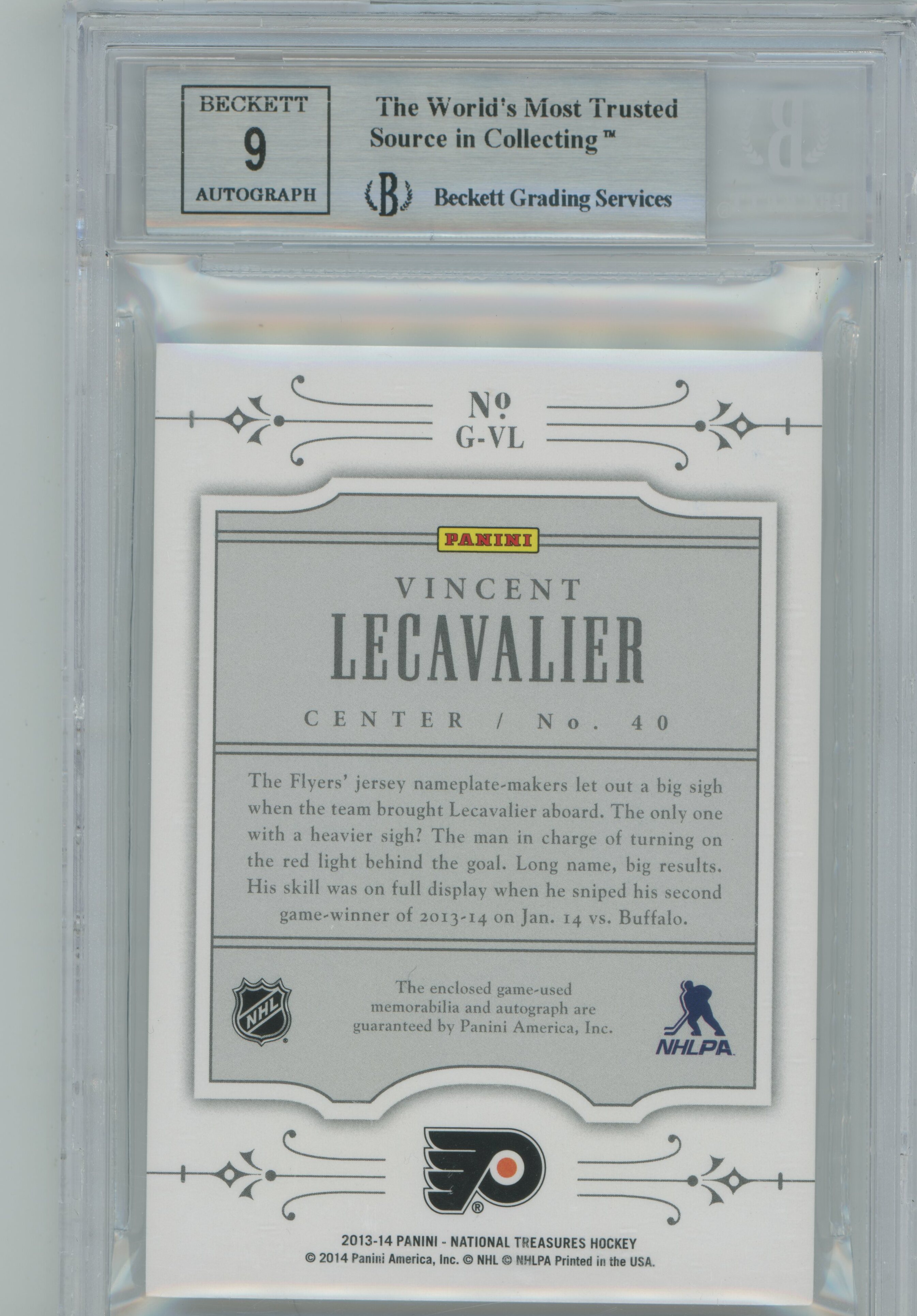 2013-14 National Treasures NHL Gear Autographs Vincent Lecavalier BGS 9