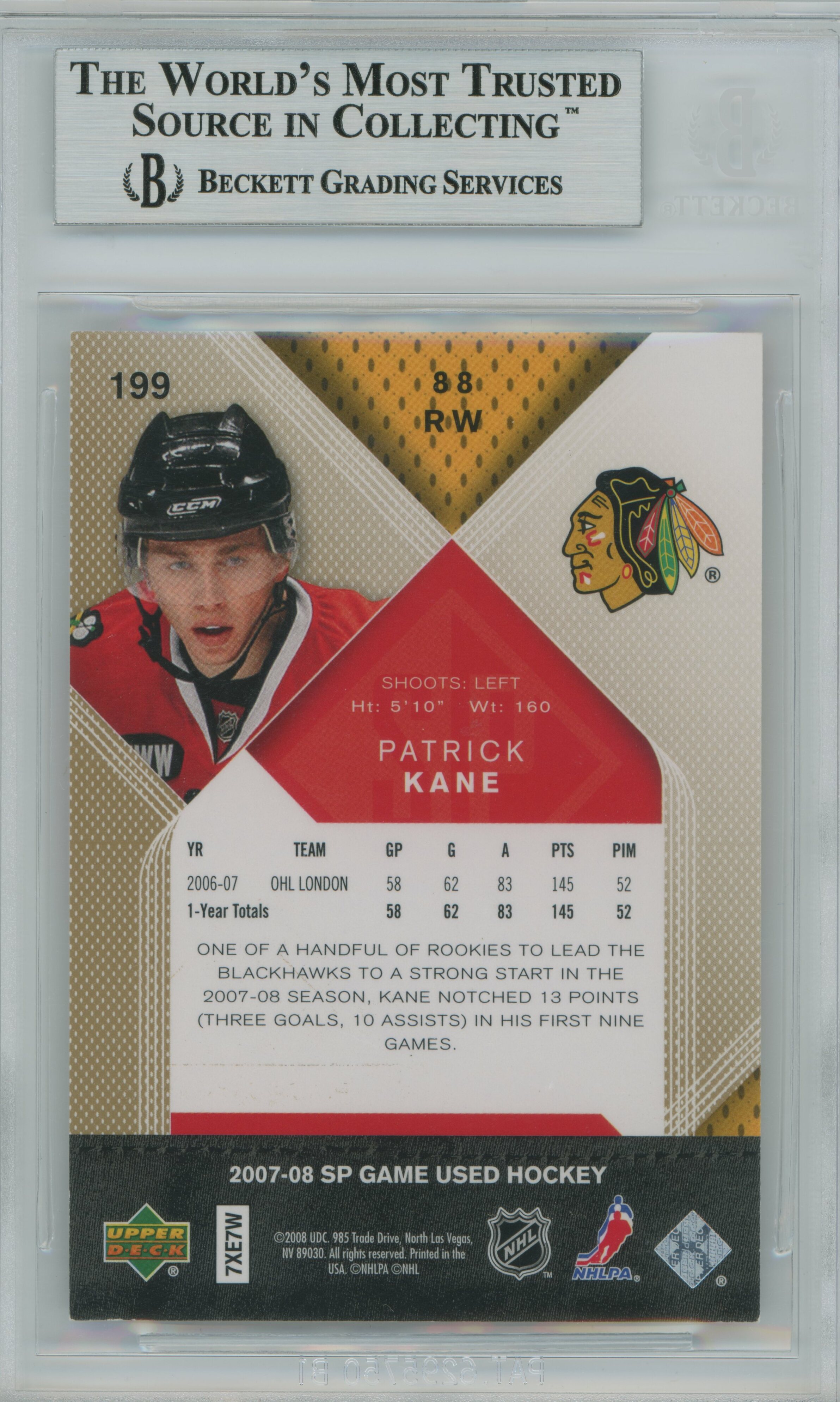 2007-08 SP Game Used Gold Patrick Kane BGS 9