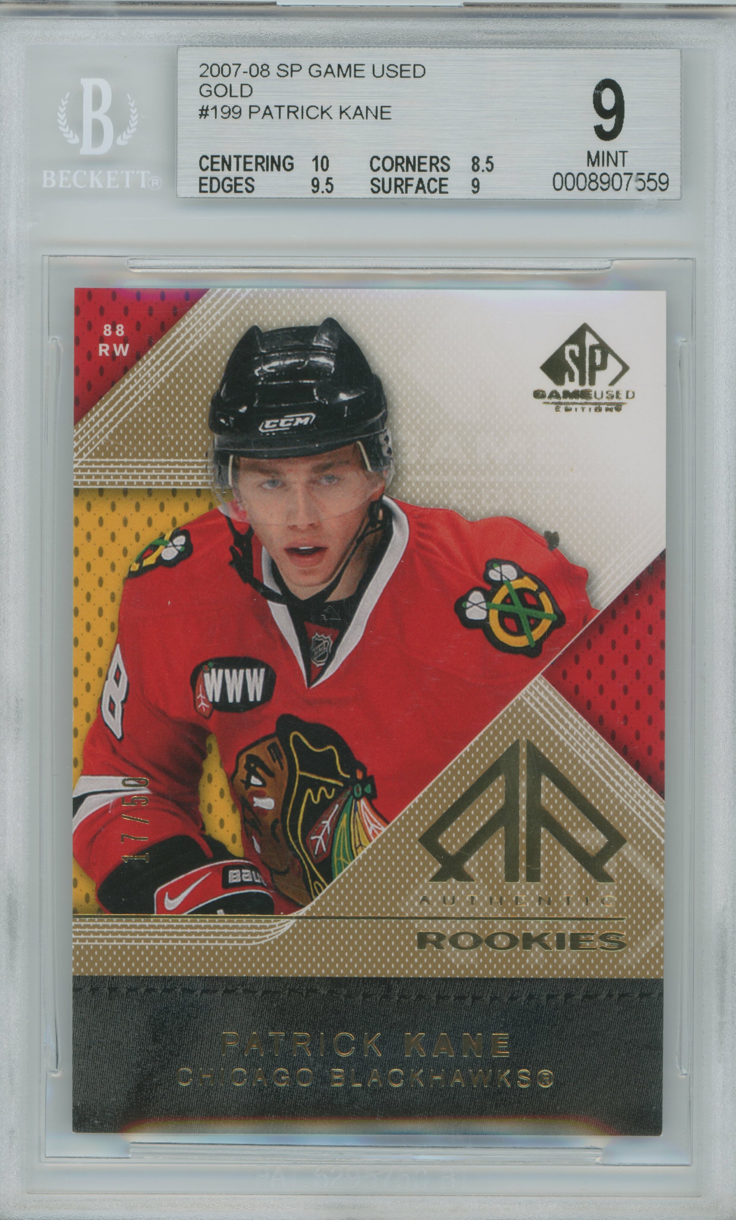 2007-08 SP Game Used Gold Patrick Kane BGS 9