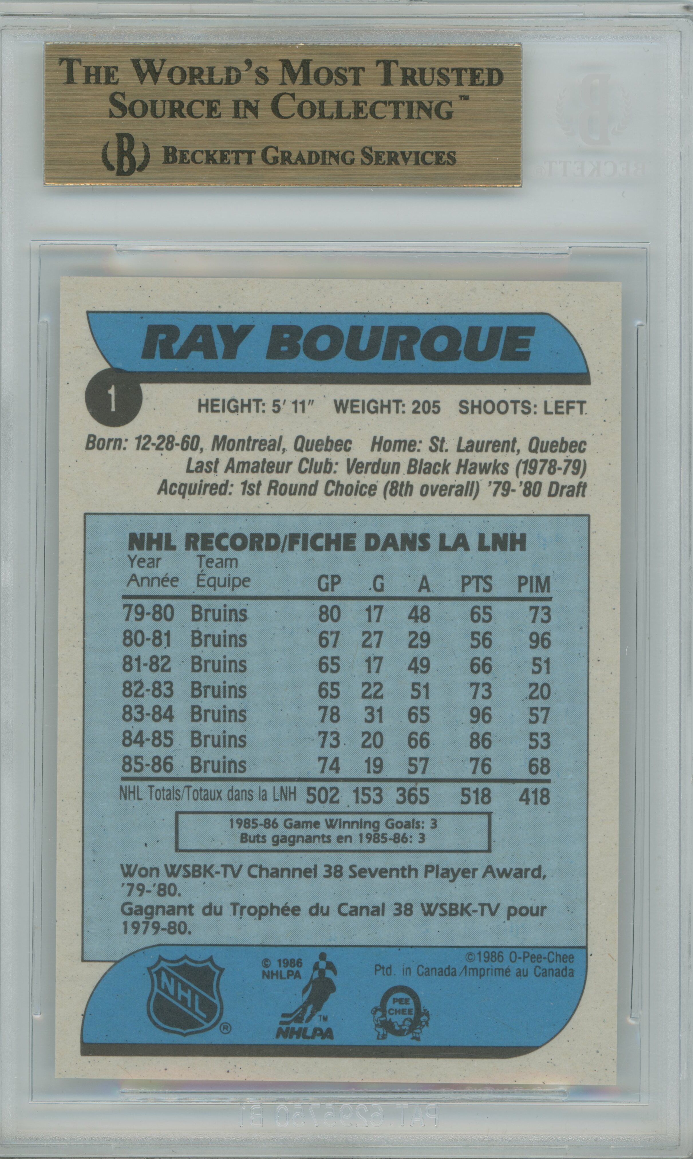 1986-97 O-Pee-Chee Ray Bourque BGS 9.5