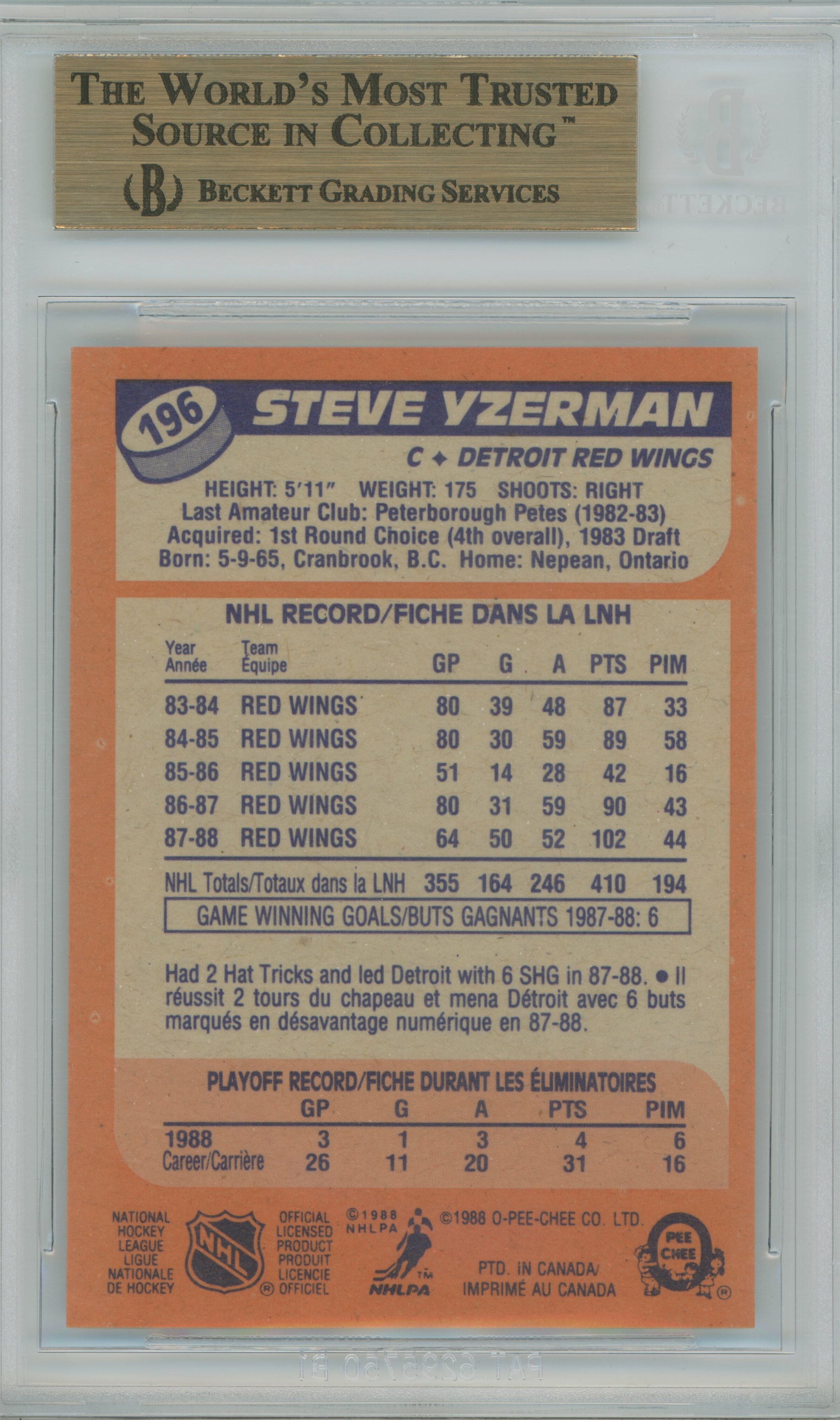 1988-89 O-Pee-Chee Steve Yzerman BGS 9.5