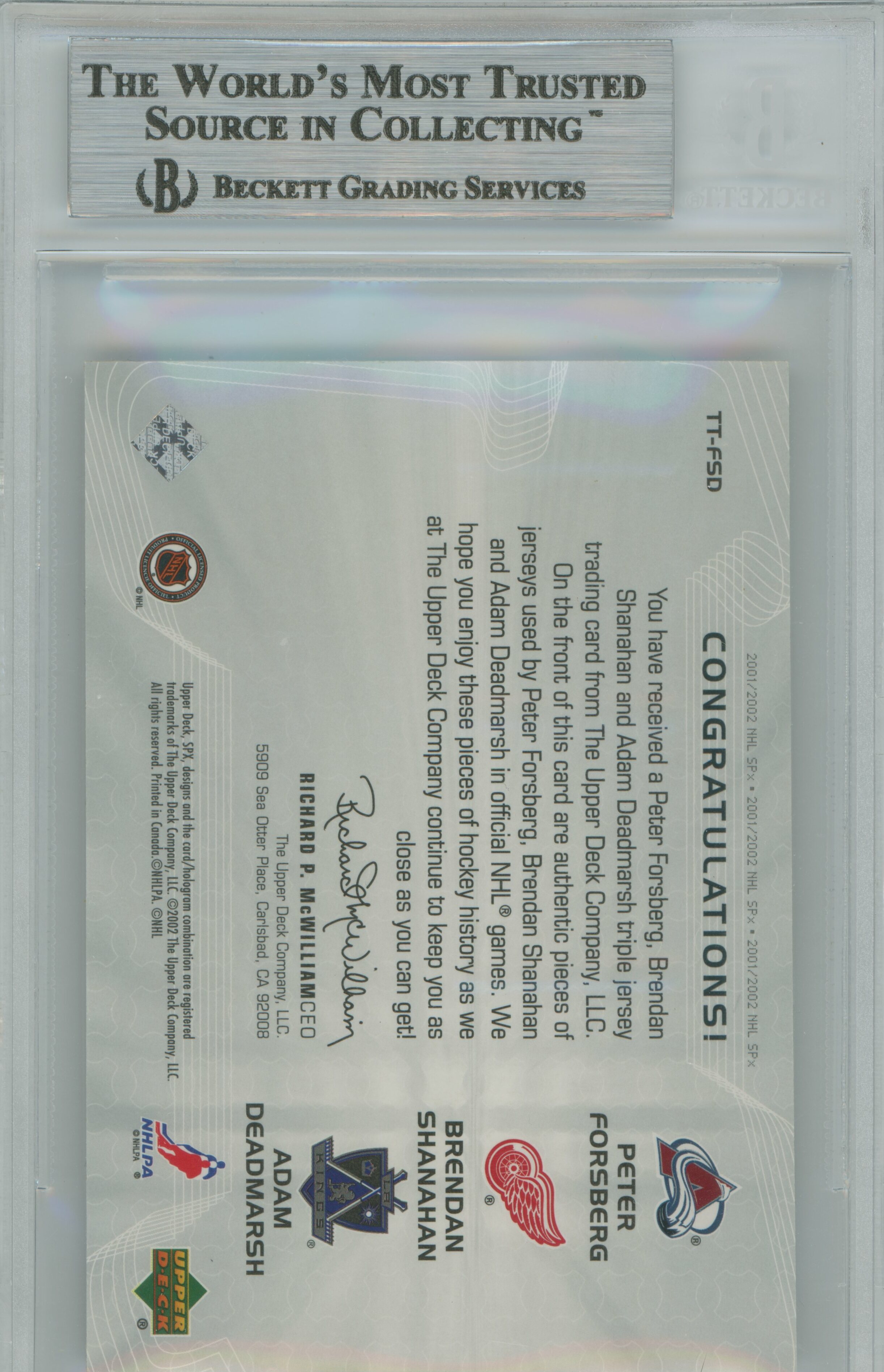 2001-02 SPx Hidden Treasures Triple Jersey Peter Forsberg Brendan Shanahan Adam Deadmarsh BGS 9