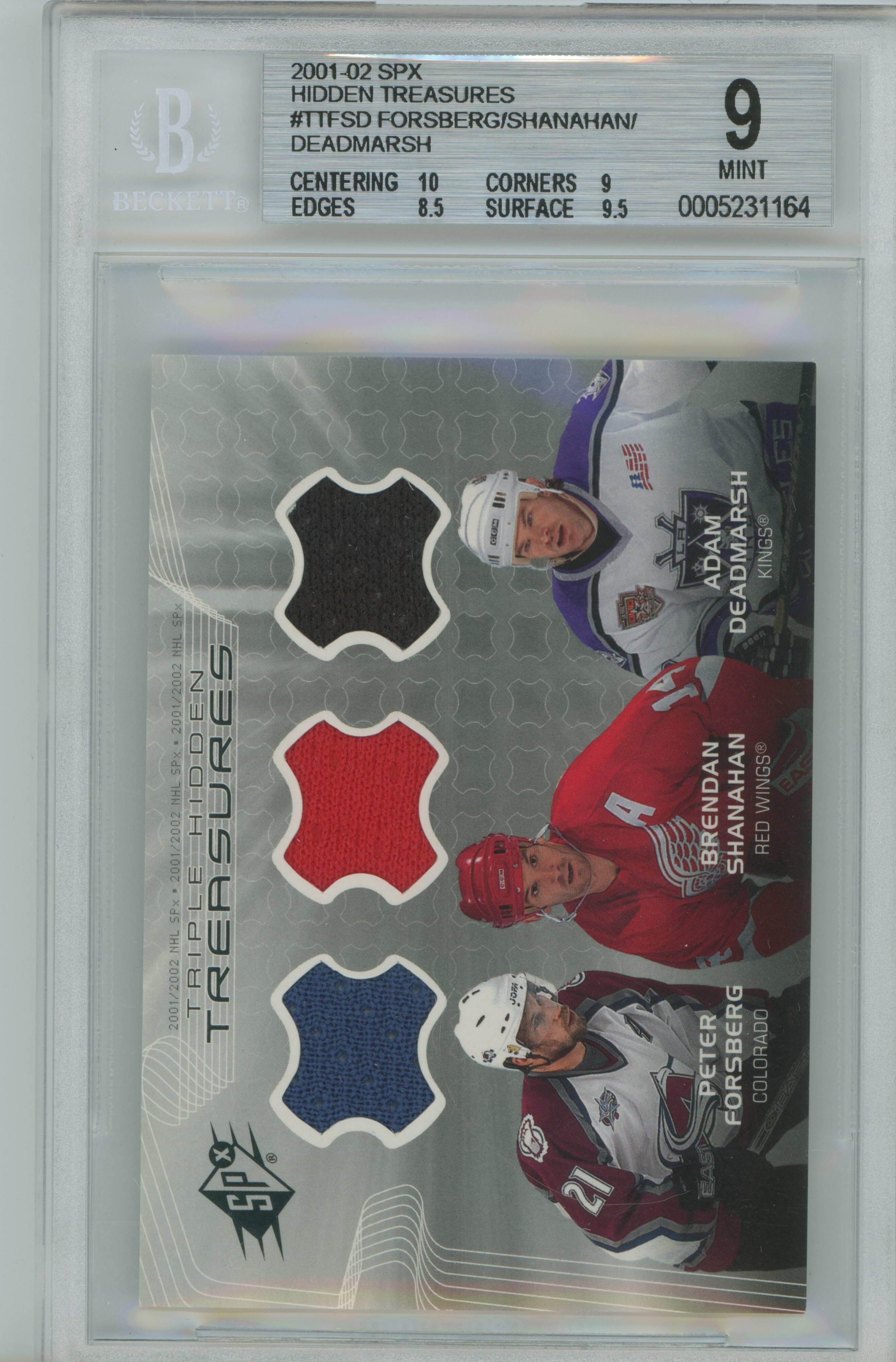 2001-02 SPx Hidden Treasures Triple Jersey Peter Forsberg Brendan Shanahan Adam Deadmarsh BGS 9