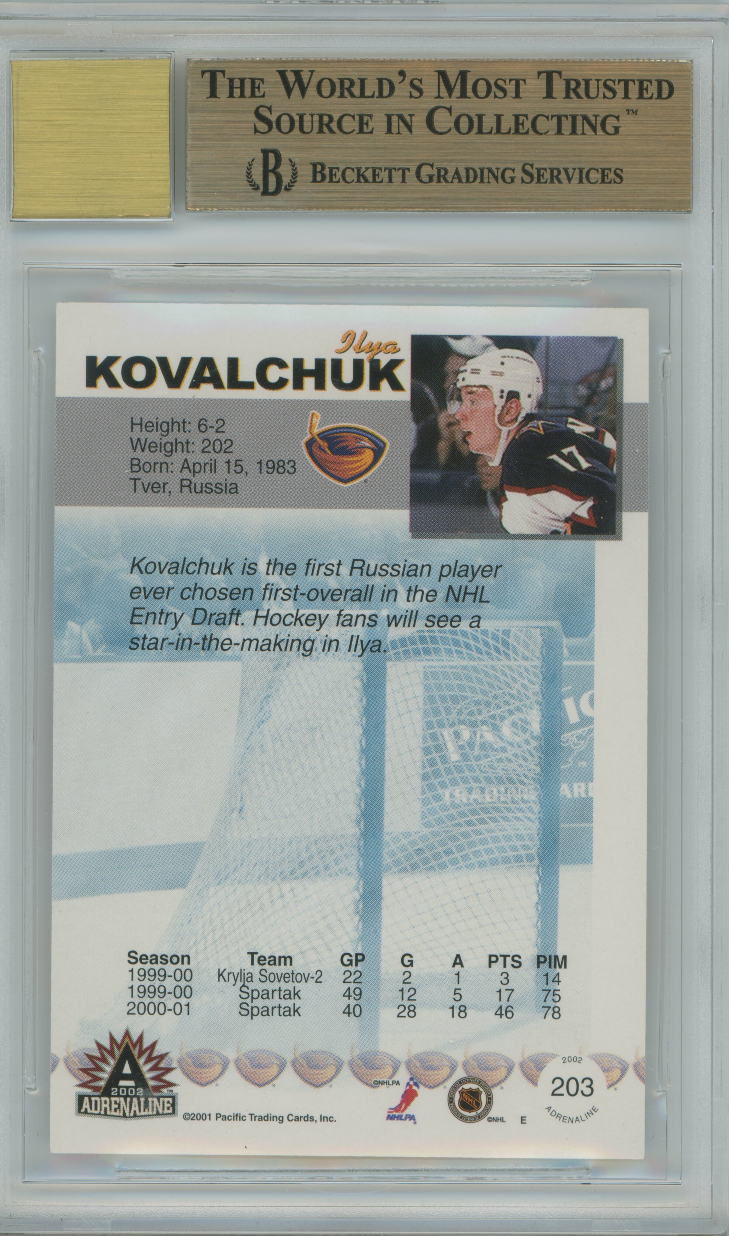 2001-02 Adrenaline Auto RC Ilya Kovalchuk BGS 9.5