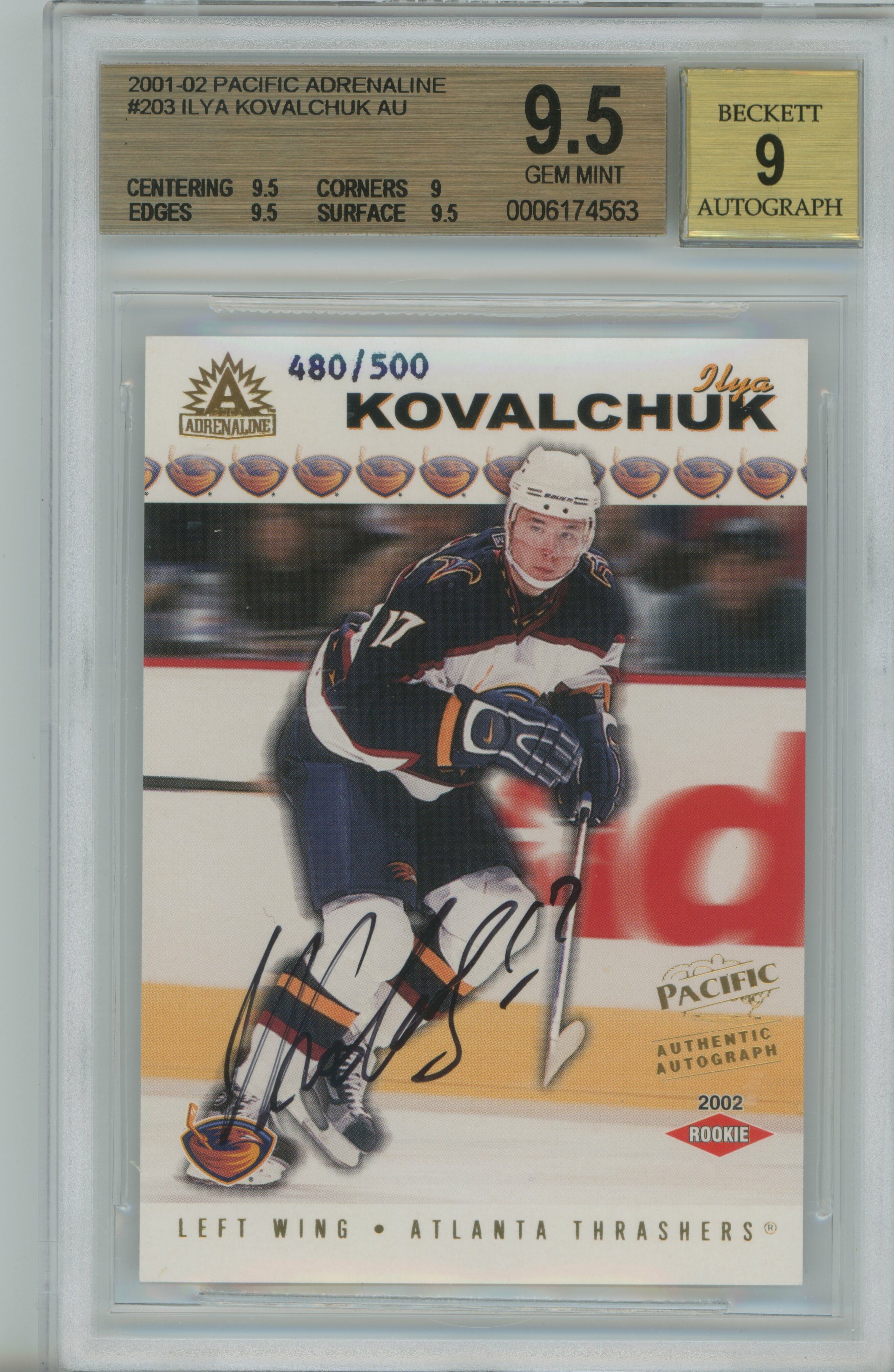 2001-02 Adrenaline Auto RC Ilya Kovalchuk BGS 9.5