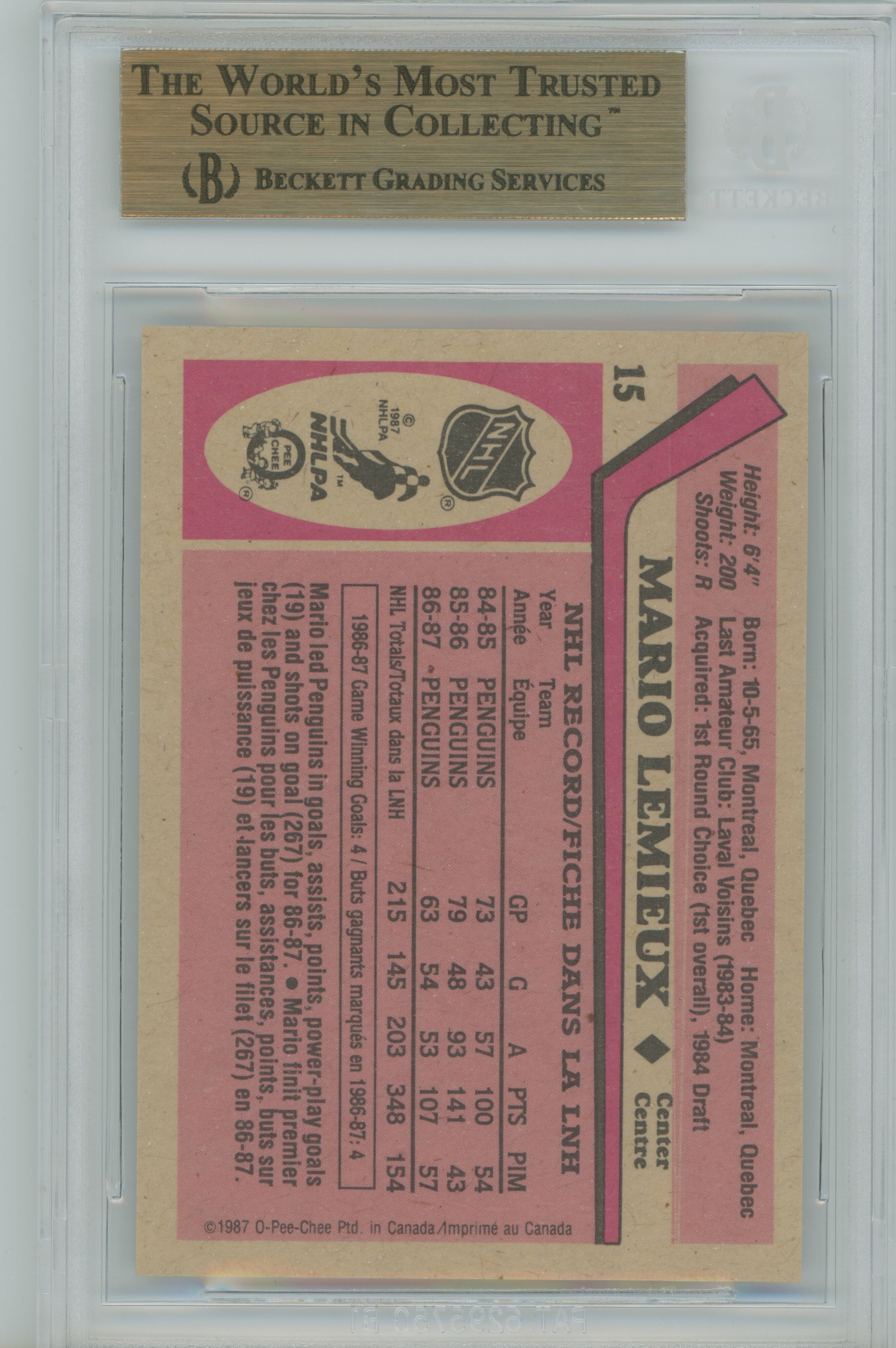 1987-88 O-Pee-Chee Mario Lemieux BGS 9.5