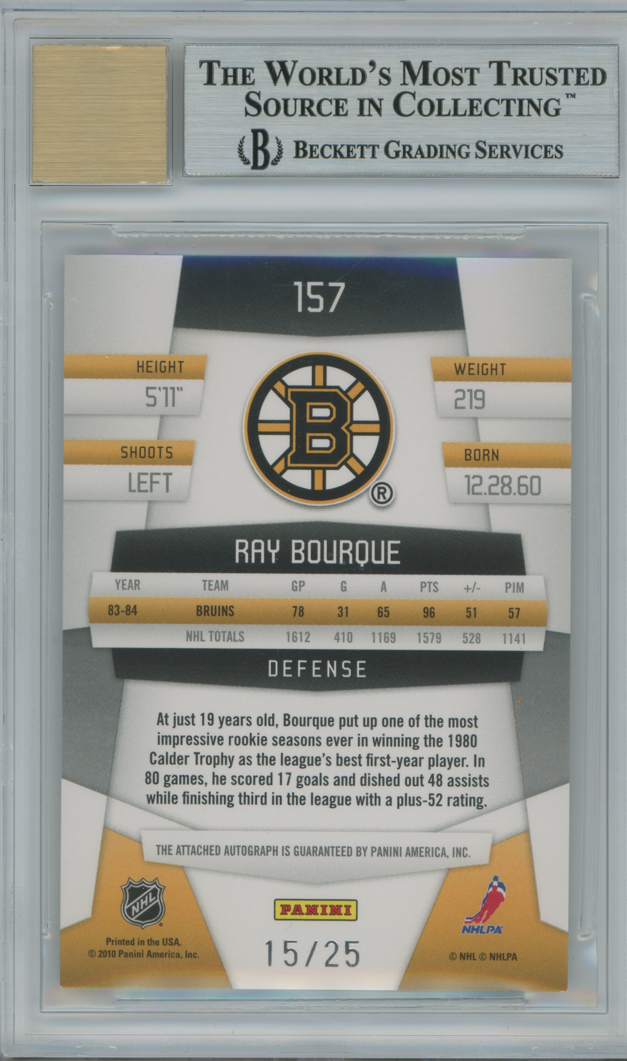 2010-11 Certified Mirror Gold Signatures Auto Ray Bourque BGS 9