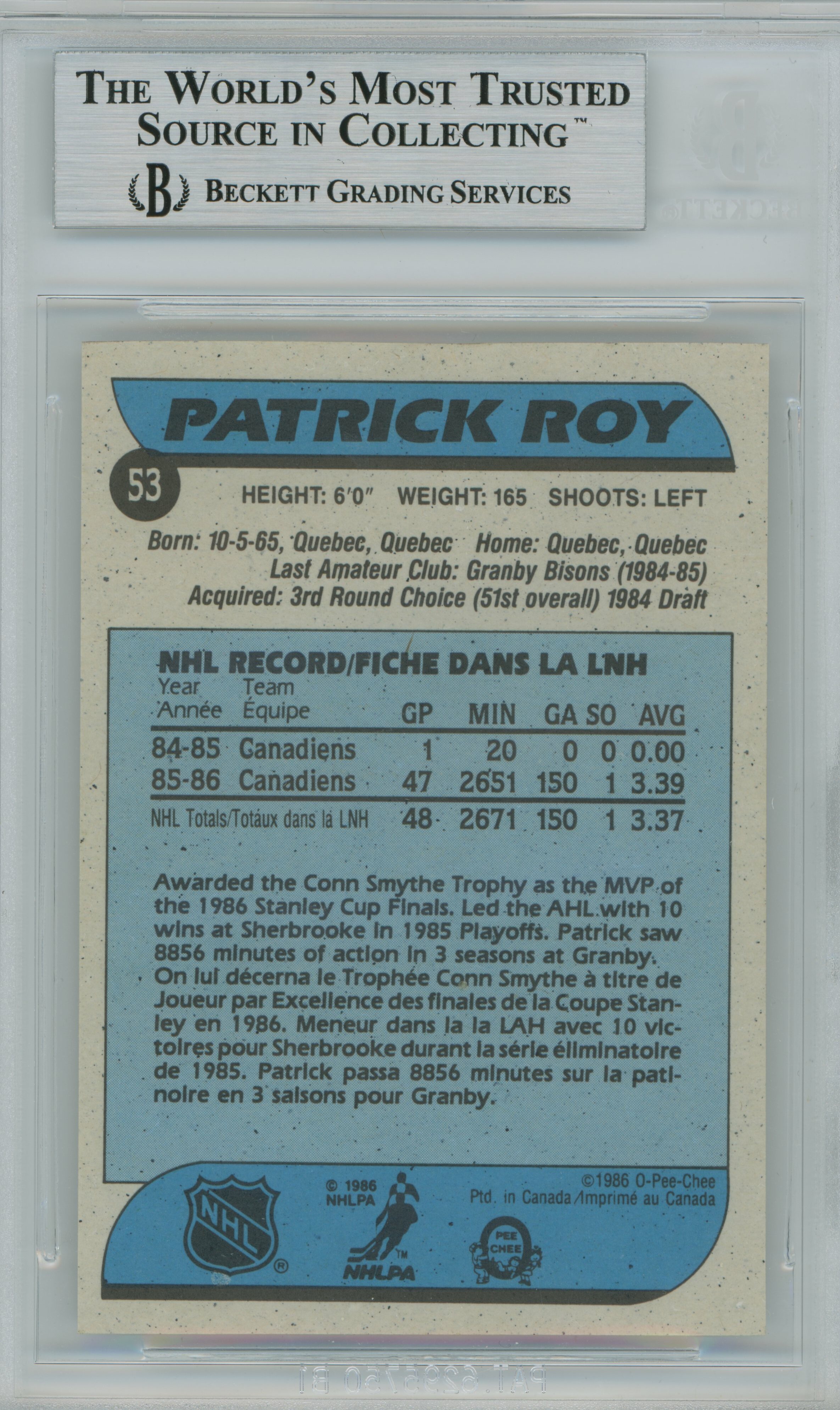 1986-87 O-Pee-Chee RC Patrick Roy BGS 8.5