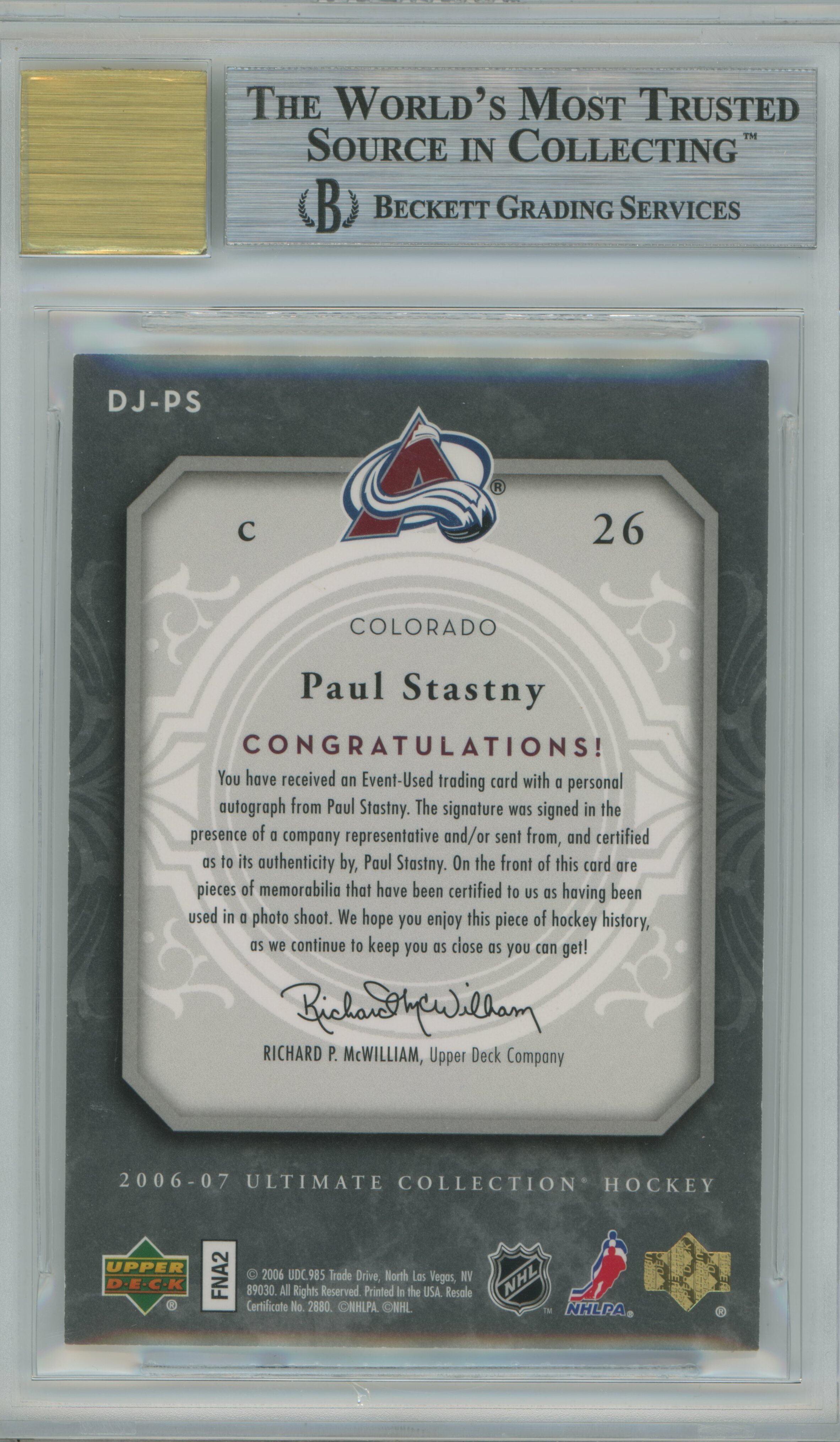 2006-07 Ultimate Collection Ultimate Debut Threads Jersey Auto Paul Stastny BGS 9