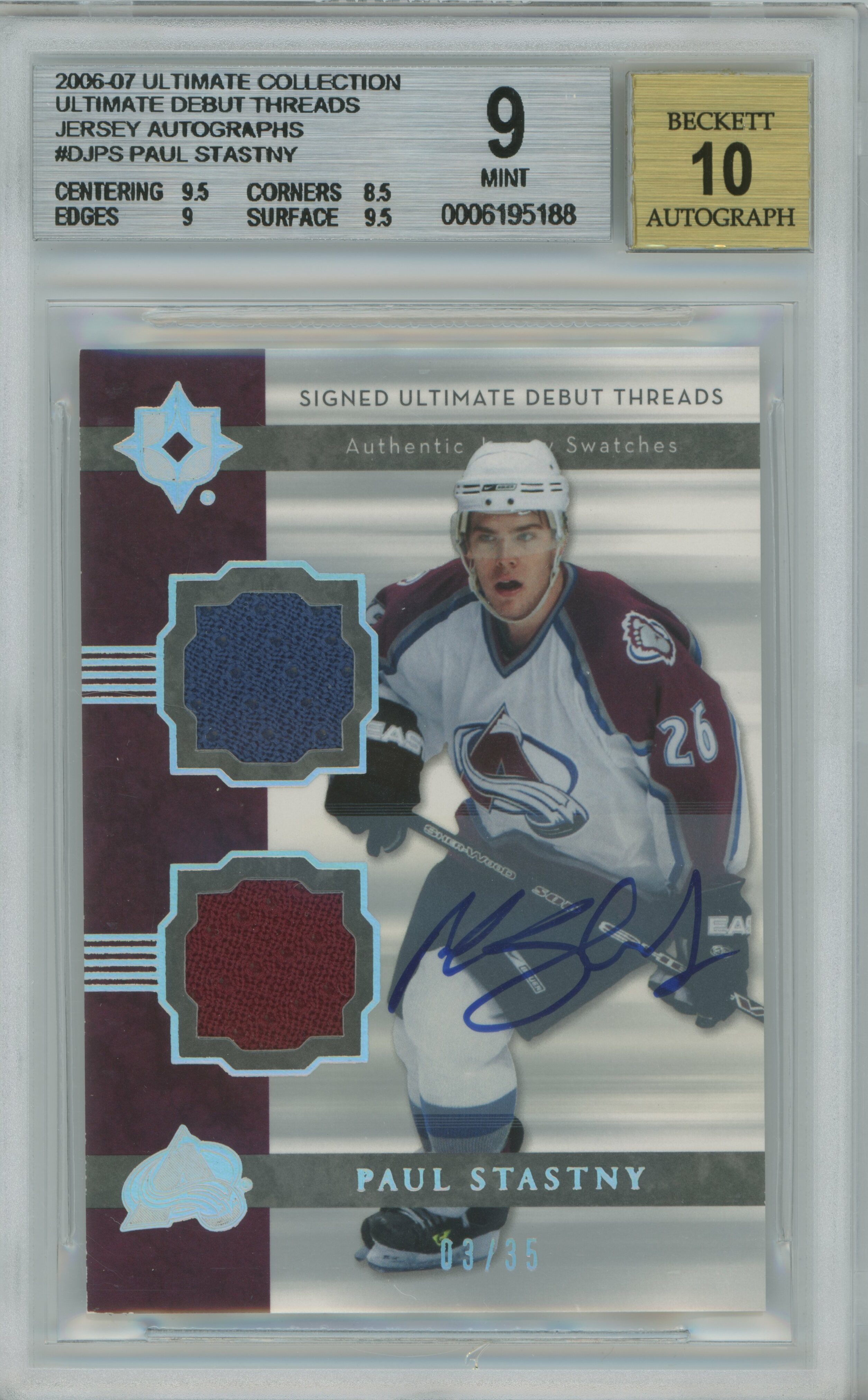 2006-07 Ultimate Collection Ultimate Debut Threads Jersey Auto Paul Stastny BGS 9