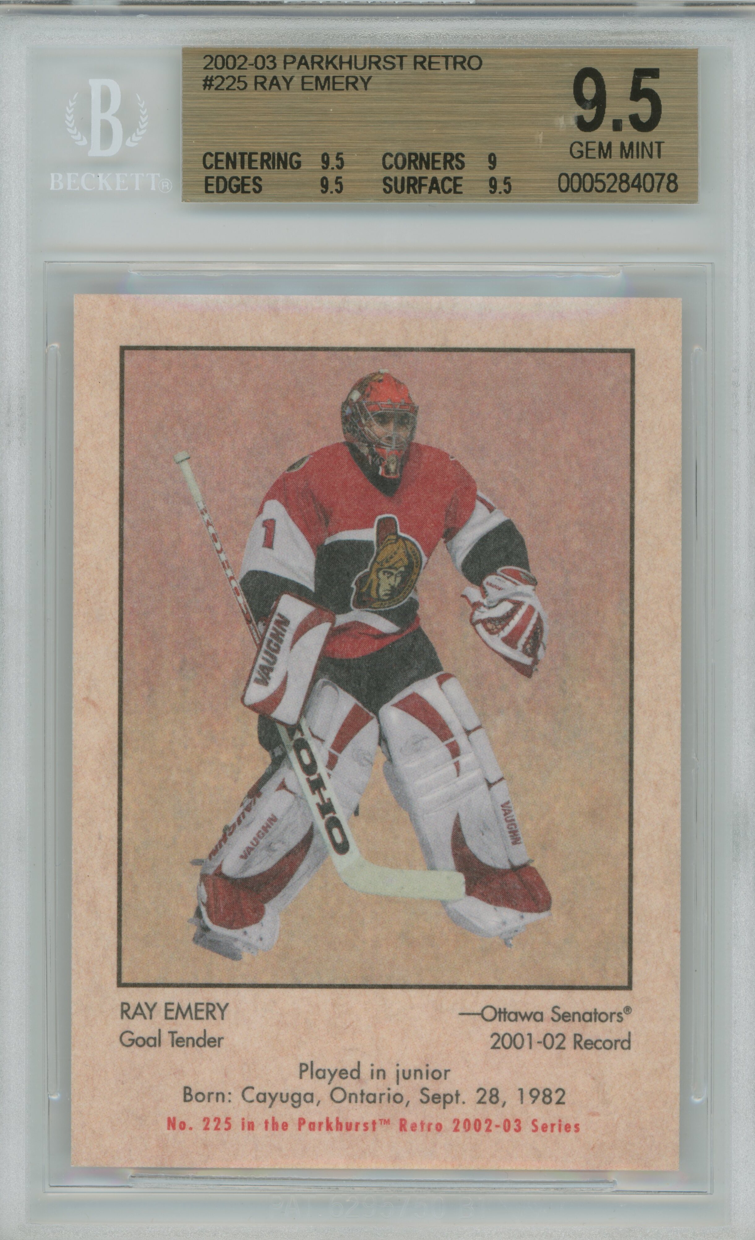 2002-03 Parkhurst Retro RC Ray Emery BGS 9.5