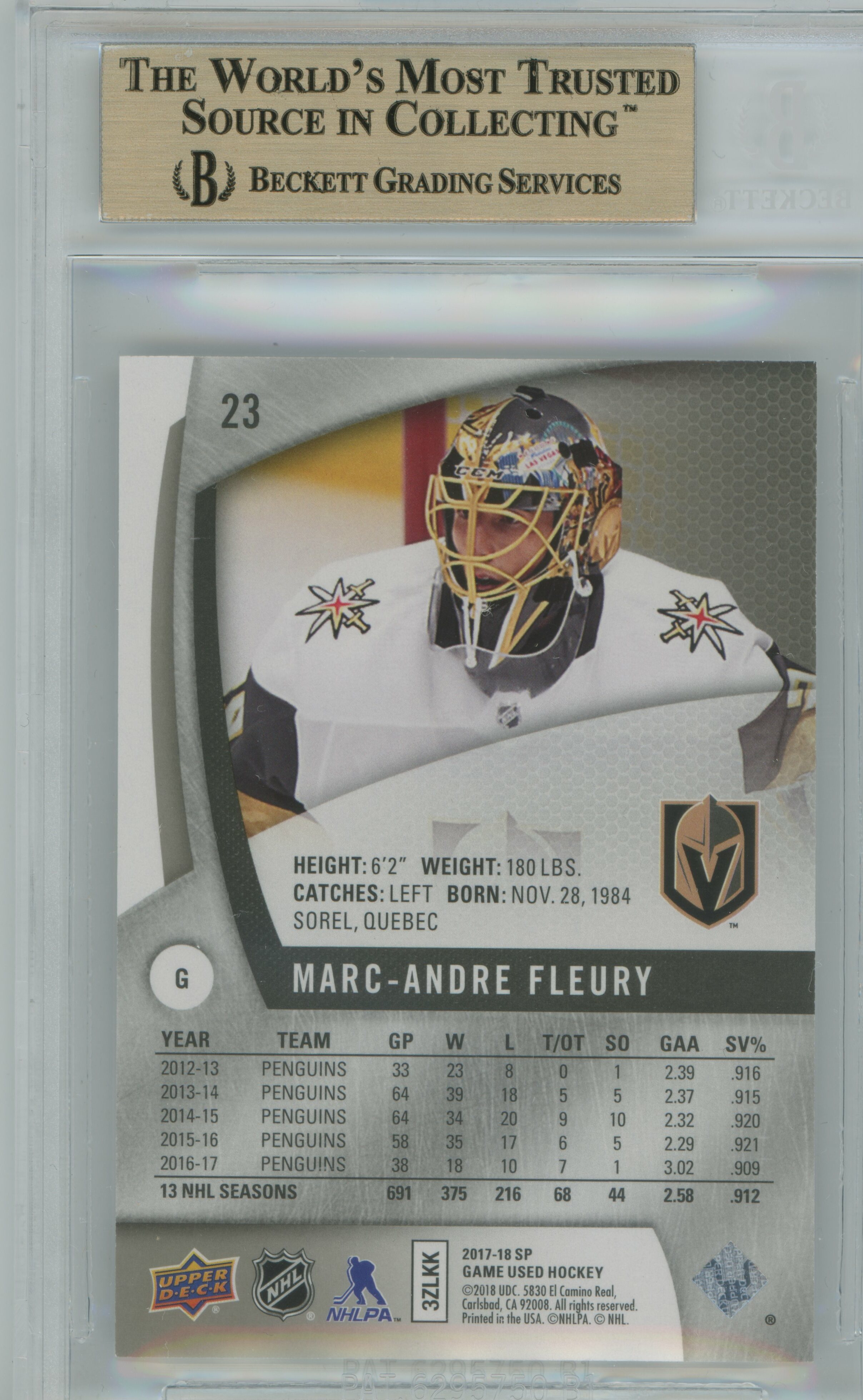 2017-18 SP Game Used Marc-Andre Fleury BGS 9.5