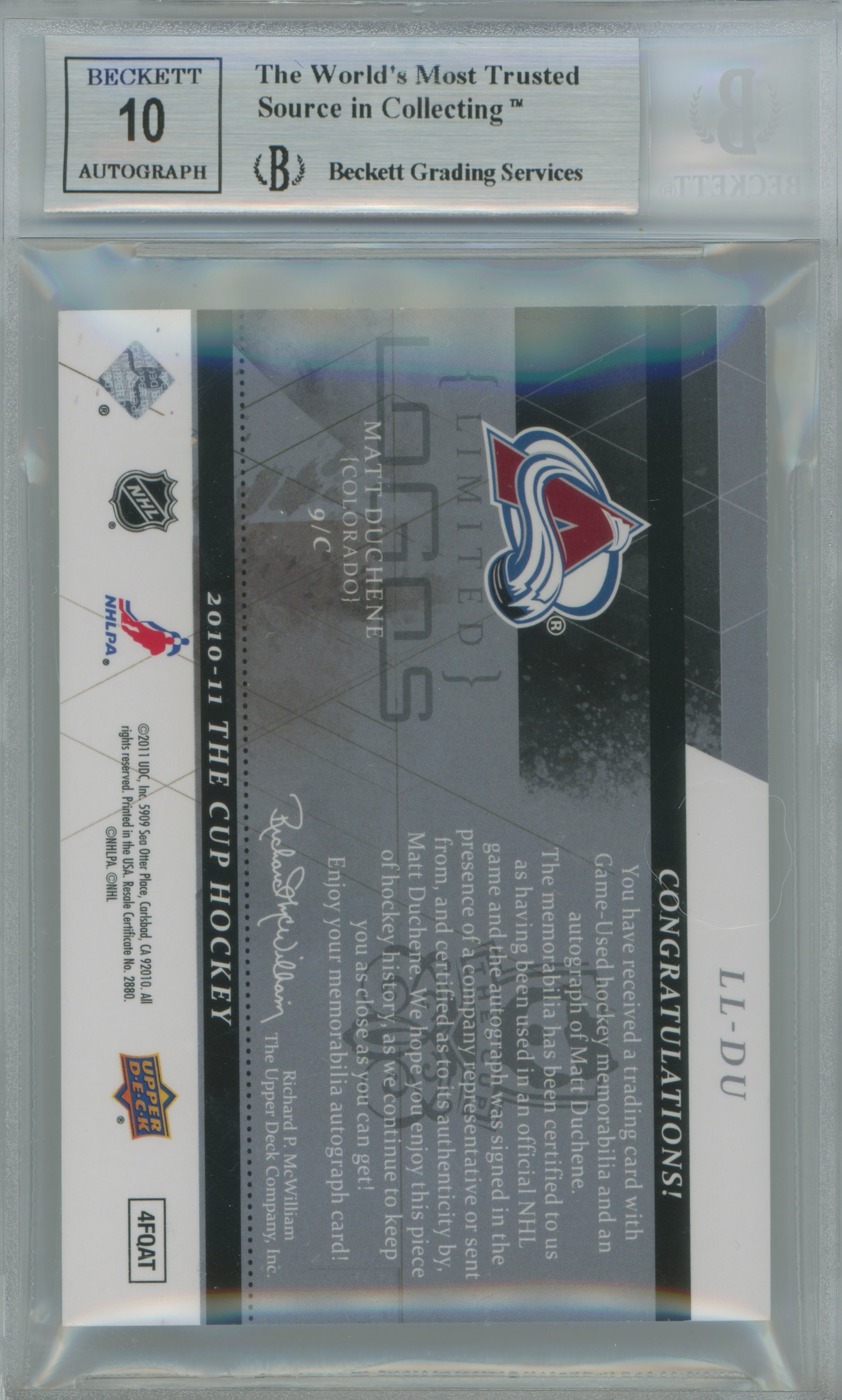 2010-11 The Cup Limited Logos RPA Matt Duchene BGS 9