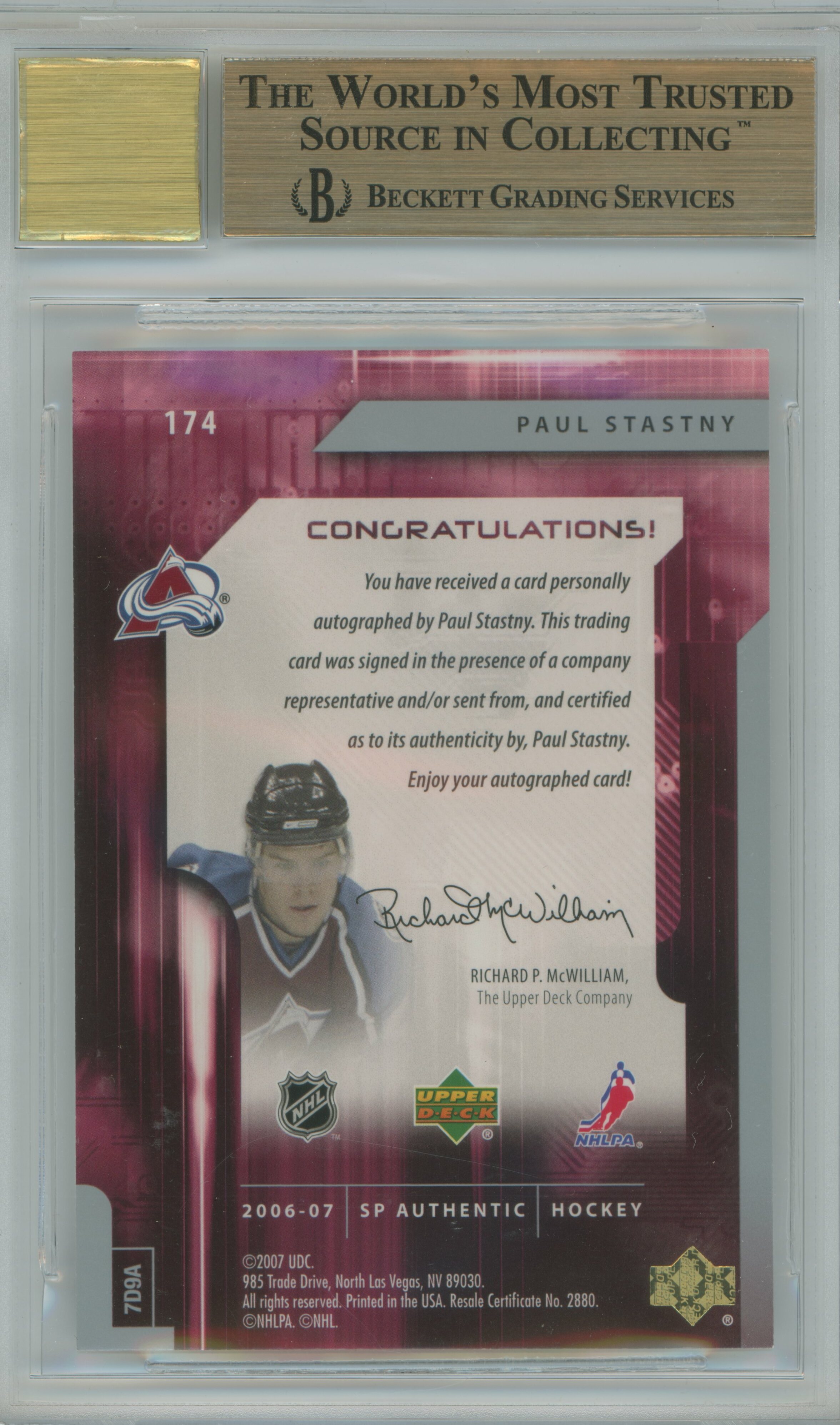 2006-07 SP Authentic Paul Stastny Auto RC BGS 9.5