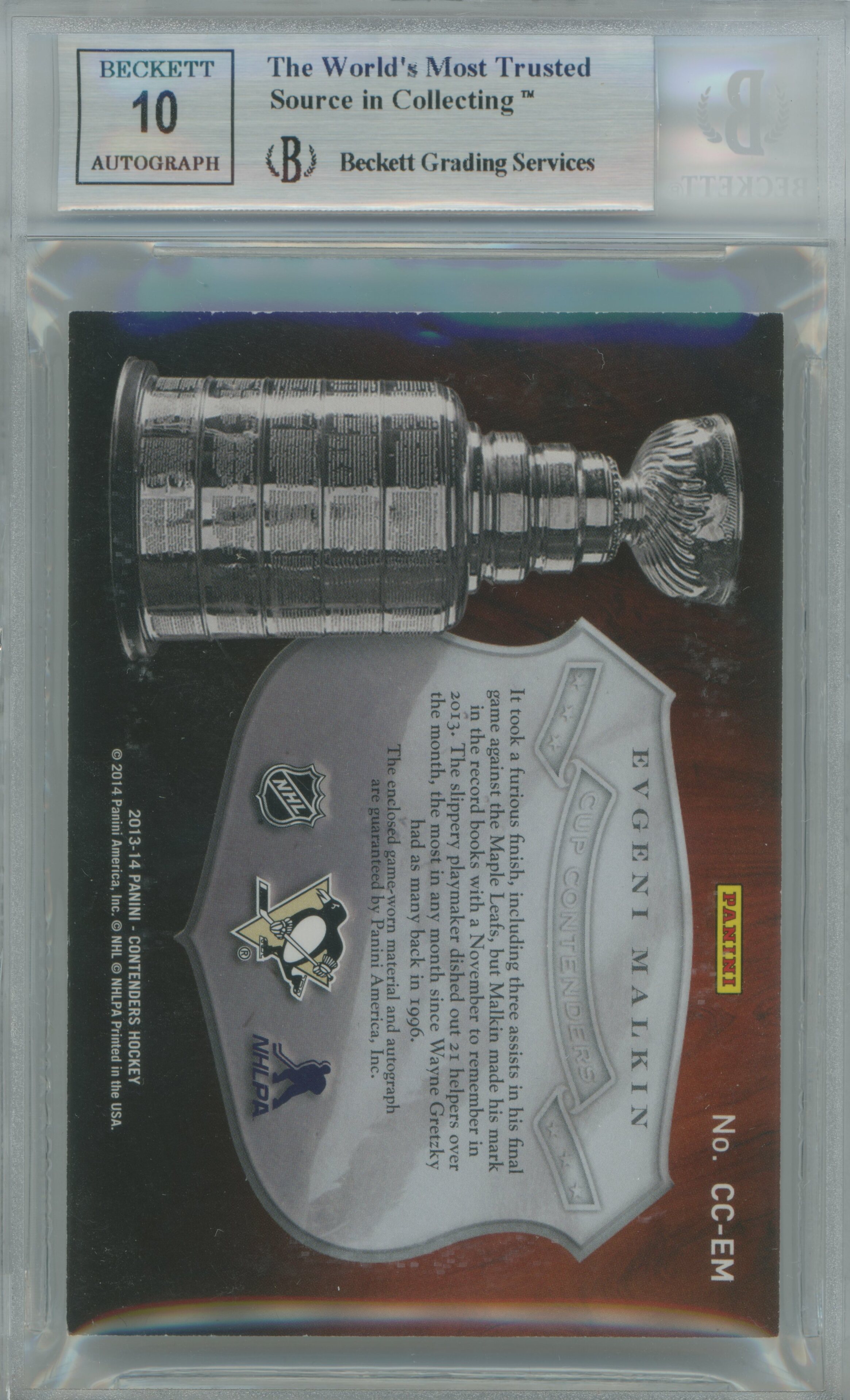 2013-14 Contenders Cup Contenders Patch Auto Evgeni Malkin BGS 8.5