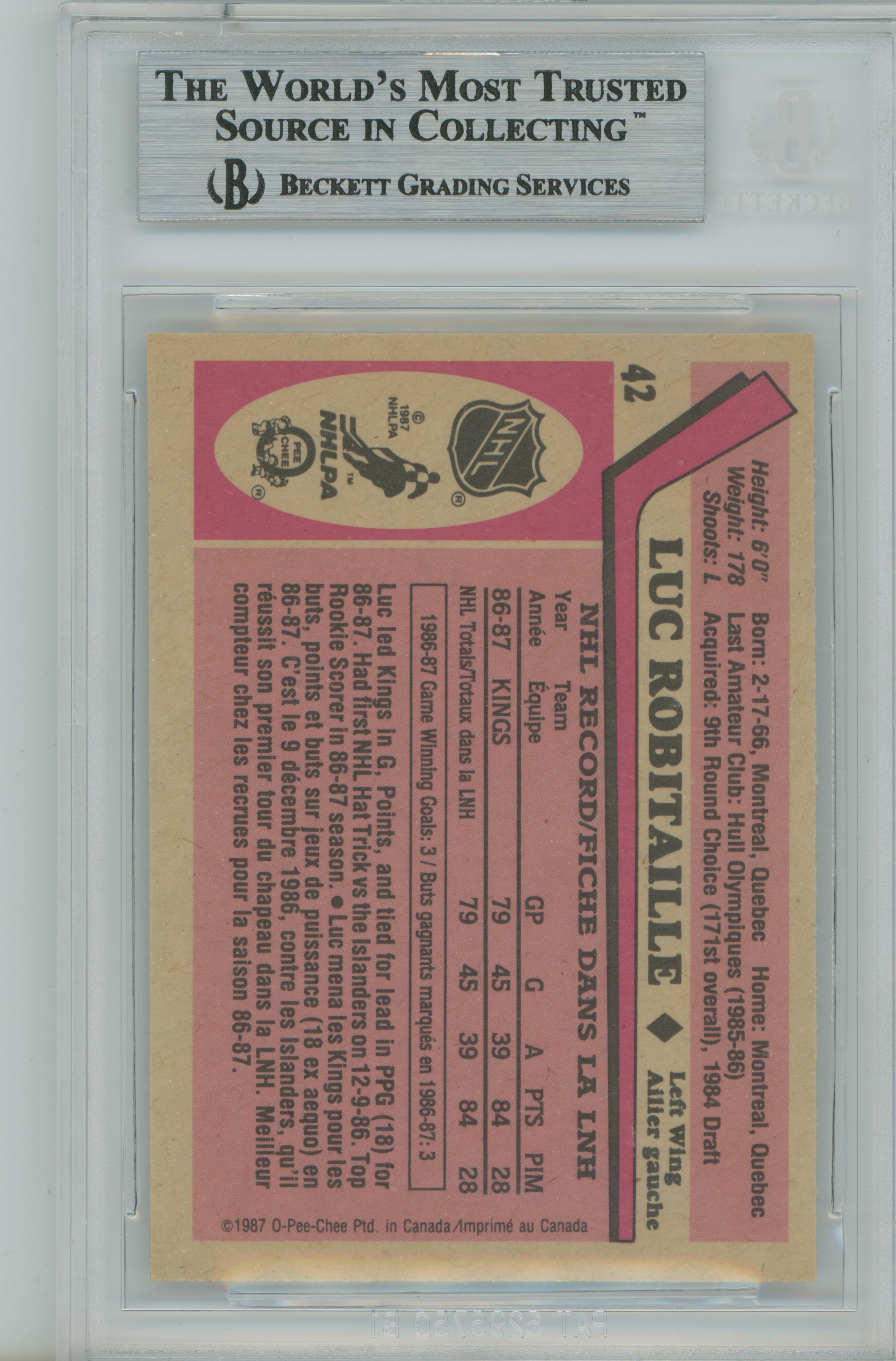 1987-88 O-Pee-Chee RC Luc Robitaille BGS 8.5