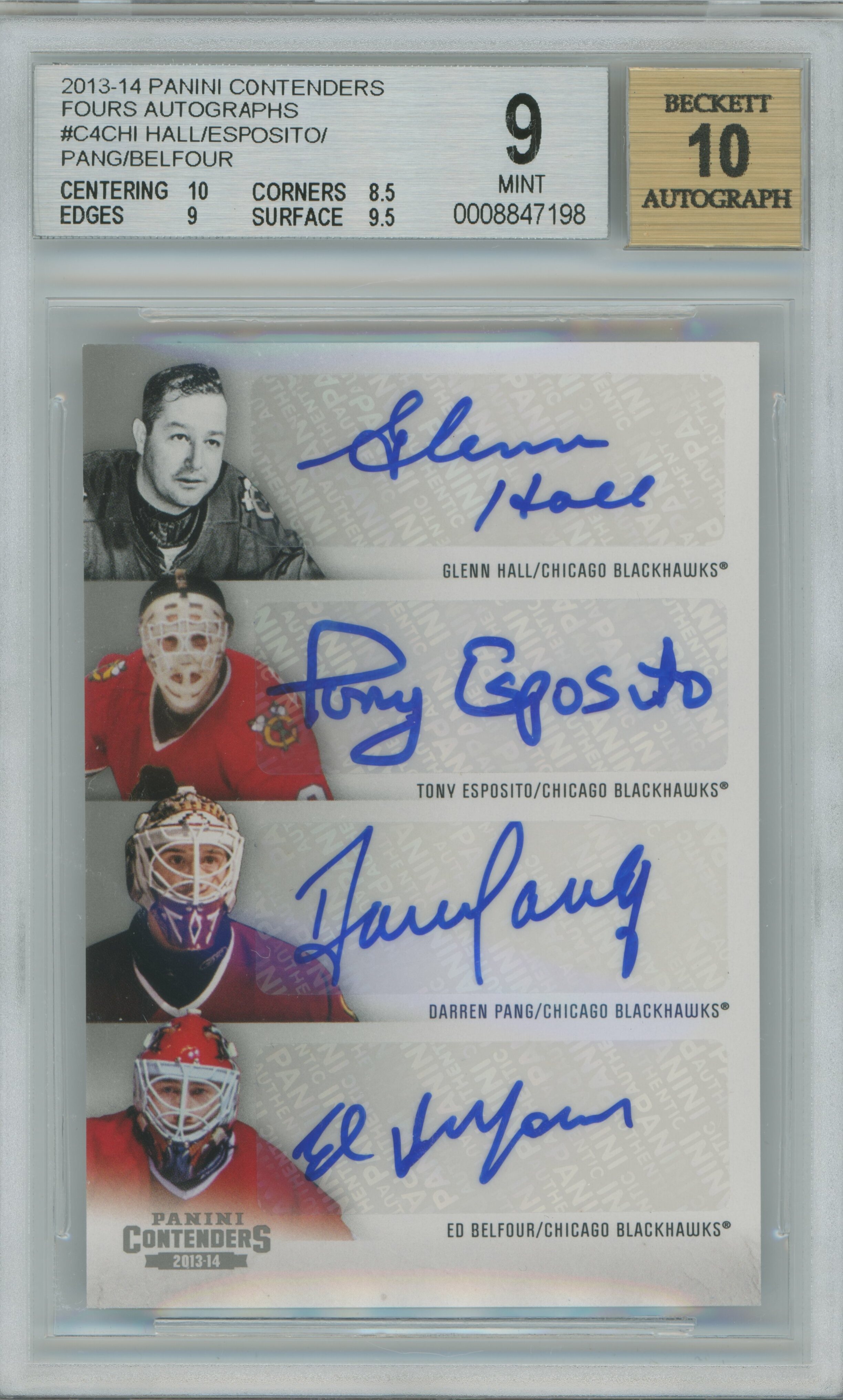 2013-14 Contenders Fours Auto Glenn Hall Tony Esposito Darren Pang Ed Belfour BGS 9