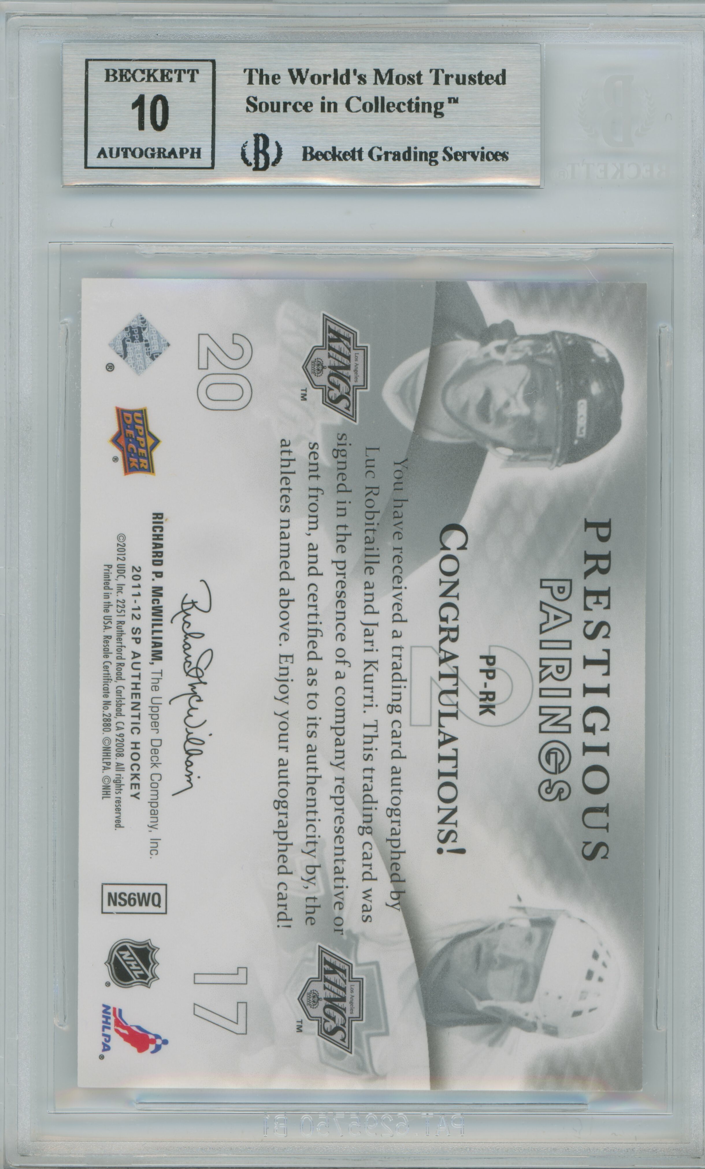 2011-12 SP Authentic Prestigious Pairings Auto Luc Robitaille Jari Kurri BGS 9