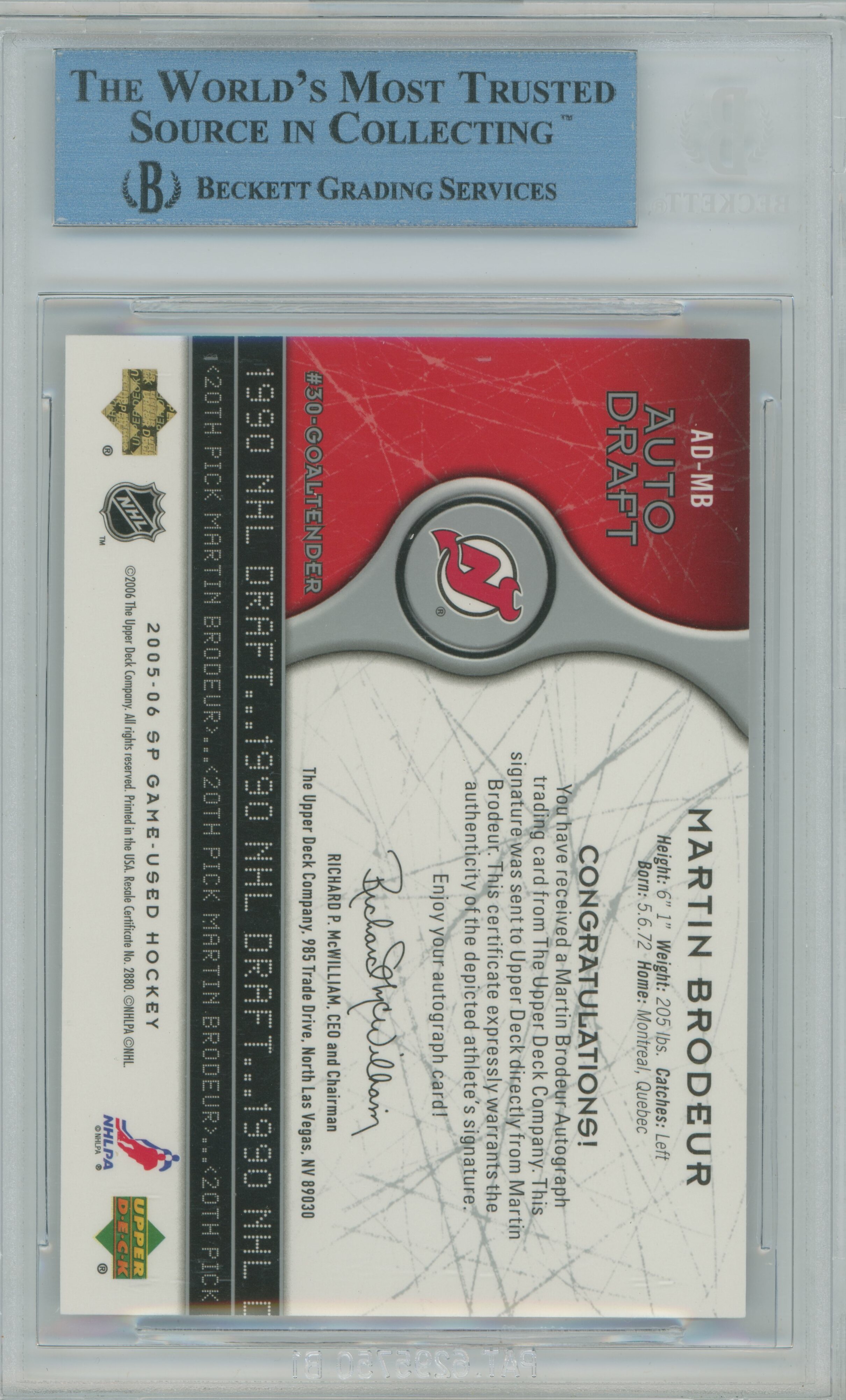 2005-06 SP Game Used Auto Draft Martin Brodeur BGS A