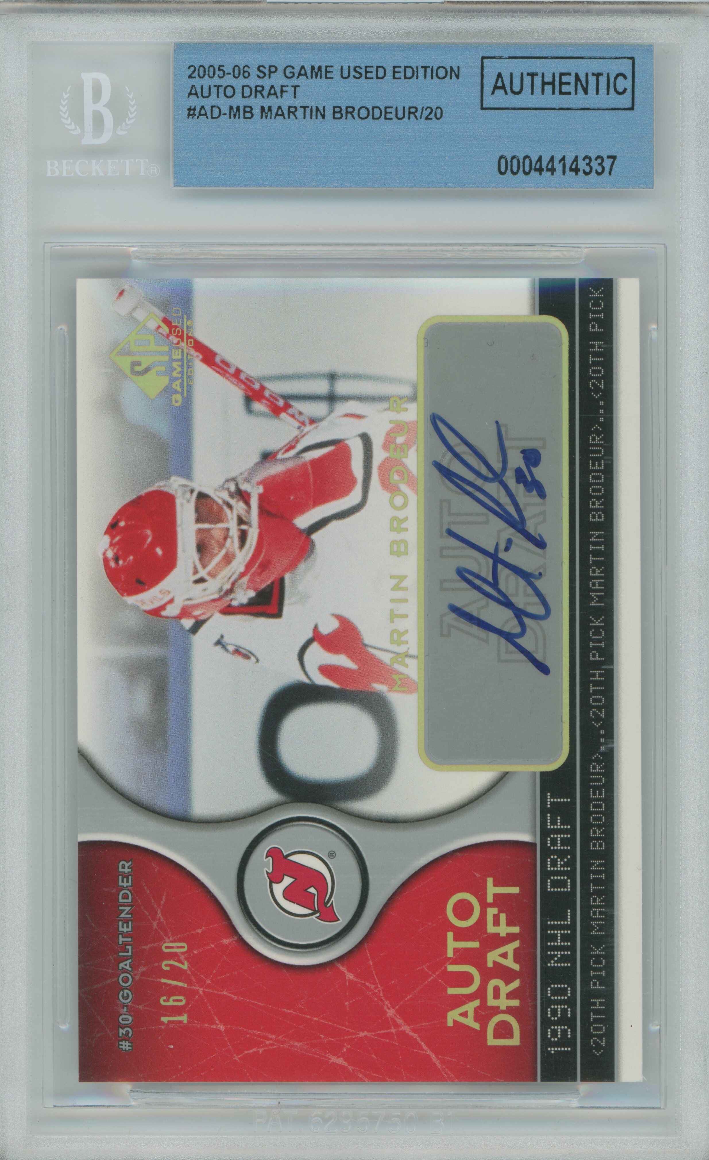 2005-06 SP Game Used Auto Draft Martin Brodeur BGS A