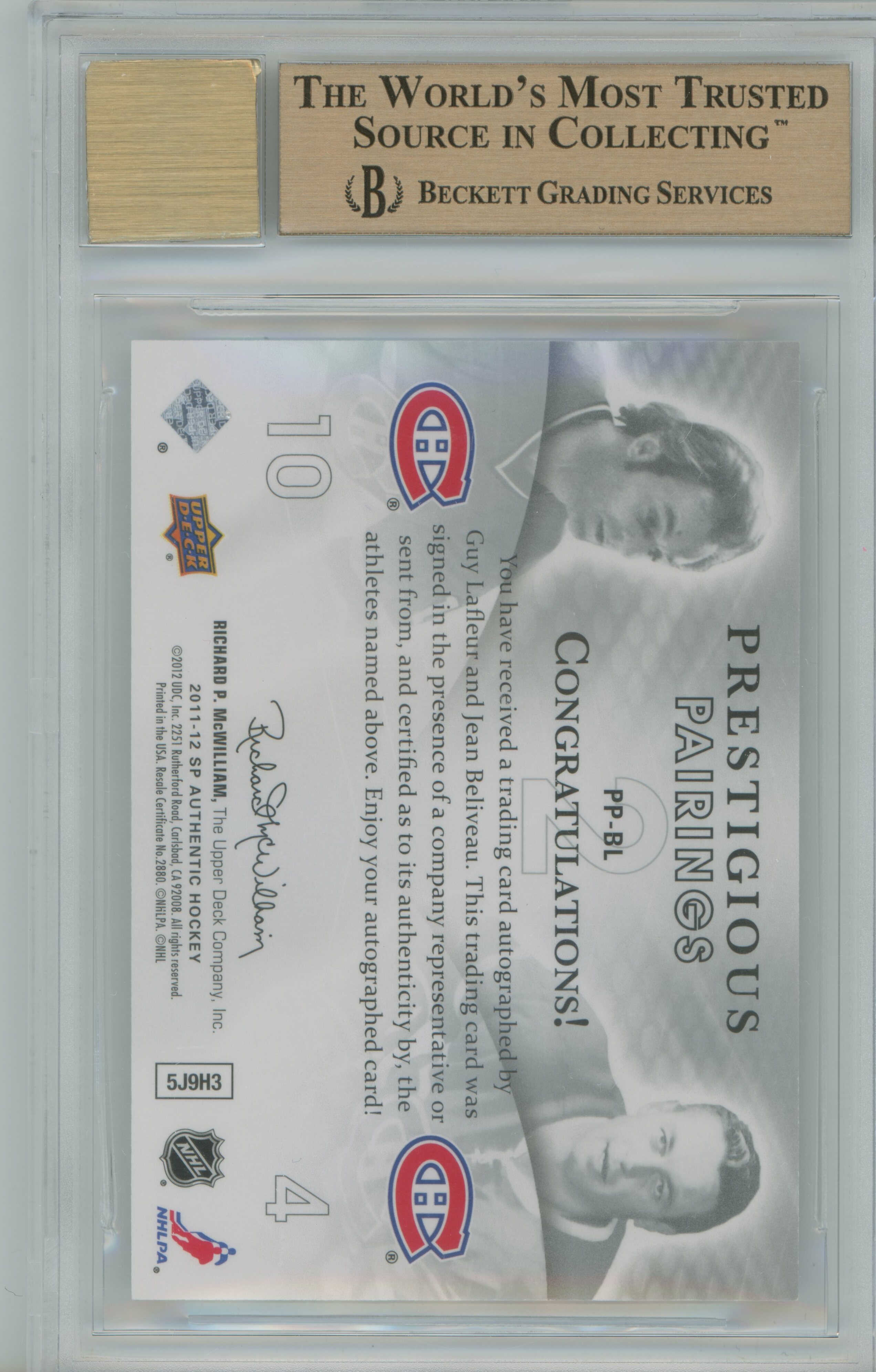 2011-12 SP Authentic Prestigious Pairings Auto Guy Lafleur Jean Beliveau BGS 9.5