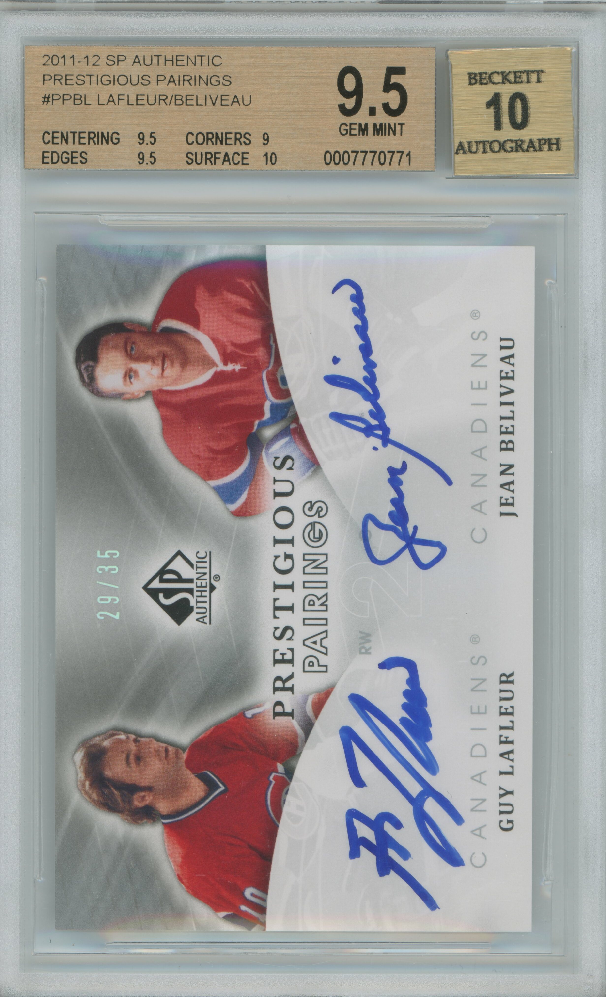 2011-12 SP Authentic Prestigious Pairings Auto Guy Lafleur Jean Beliveau BGS 9.5