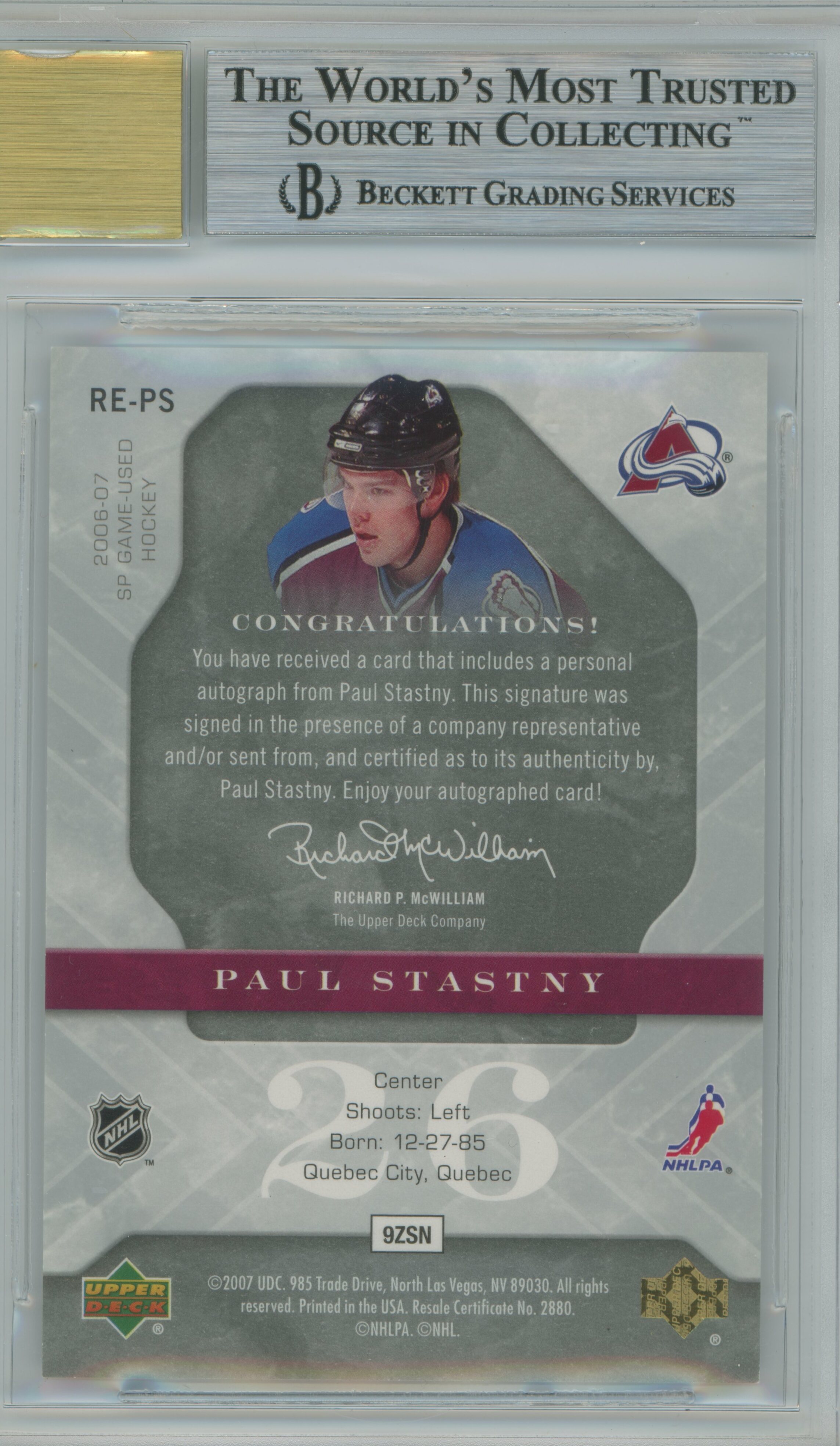 2006-07 SP Game Used Rookie Exclusives Auto Paul Stastny BGS 9