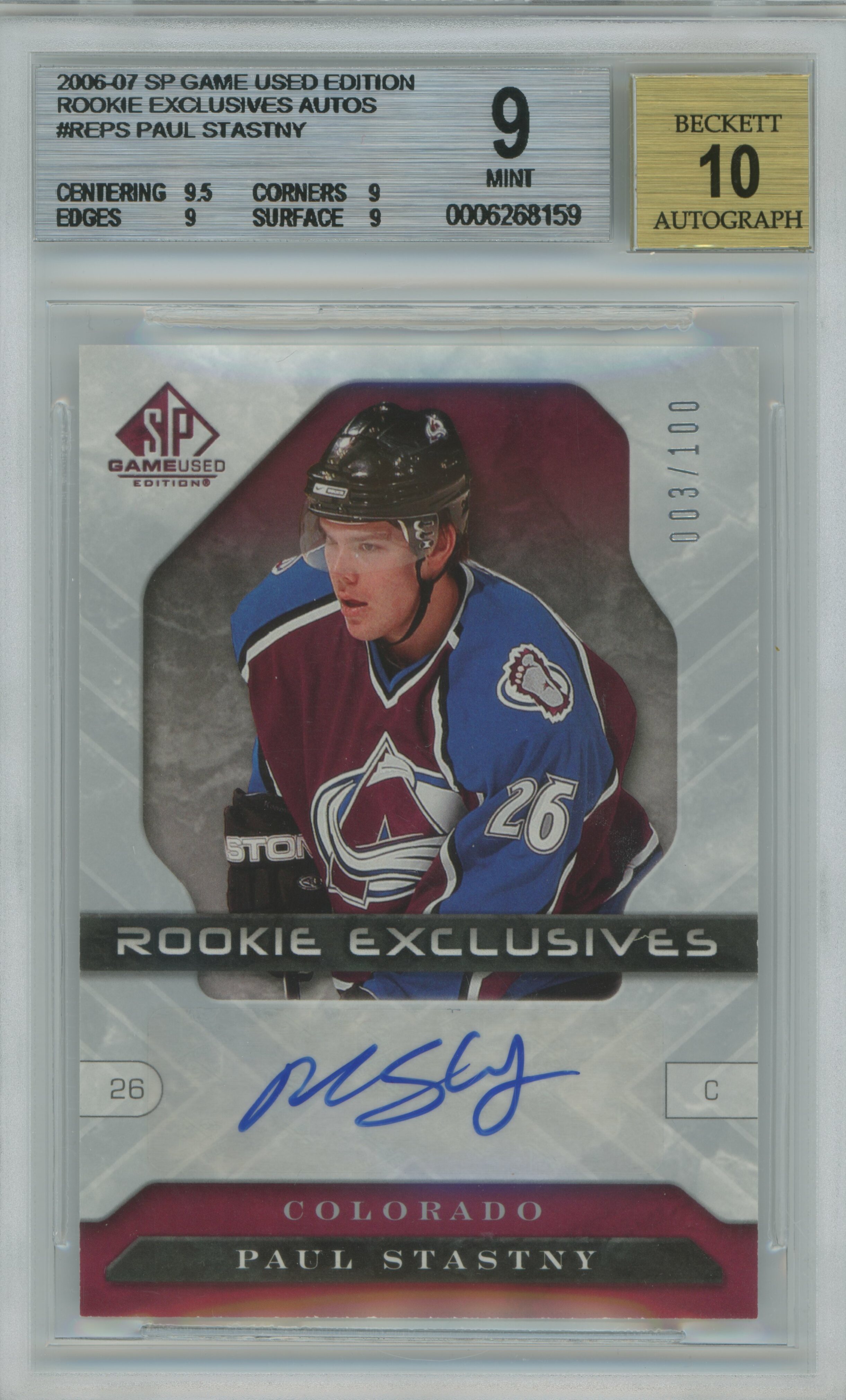 2006-07 SP Game Used Rookie Exclusives Auto Paul Stastny BGS 9