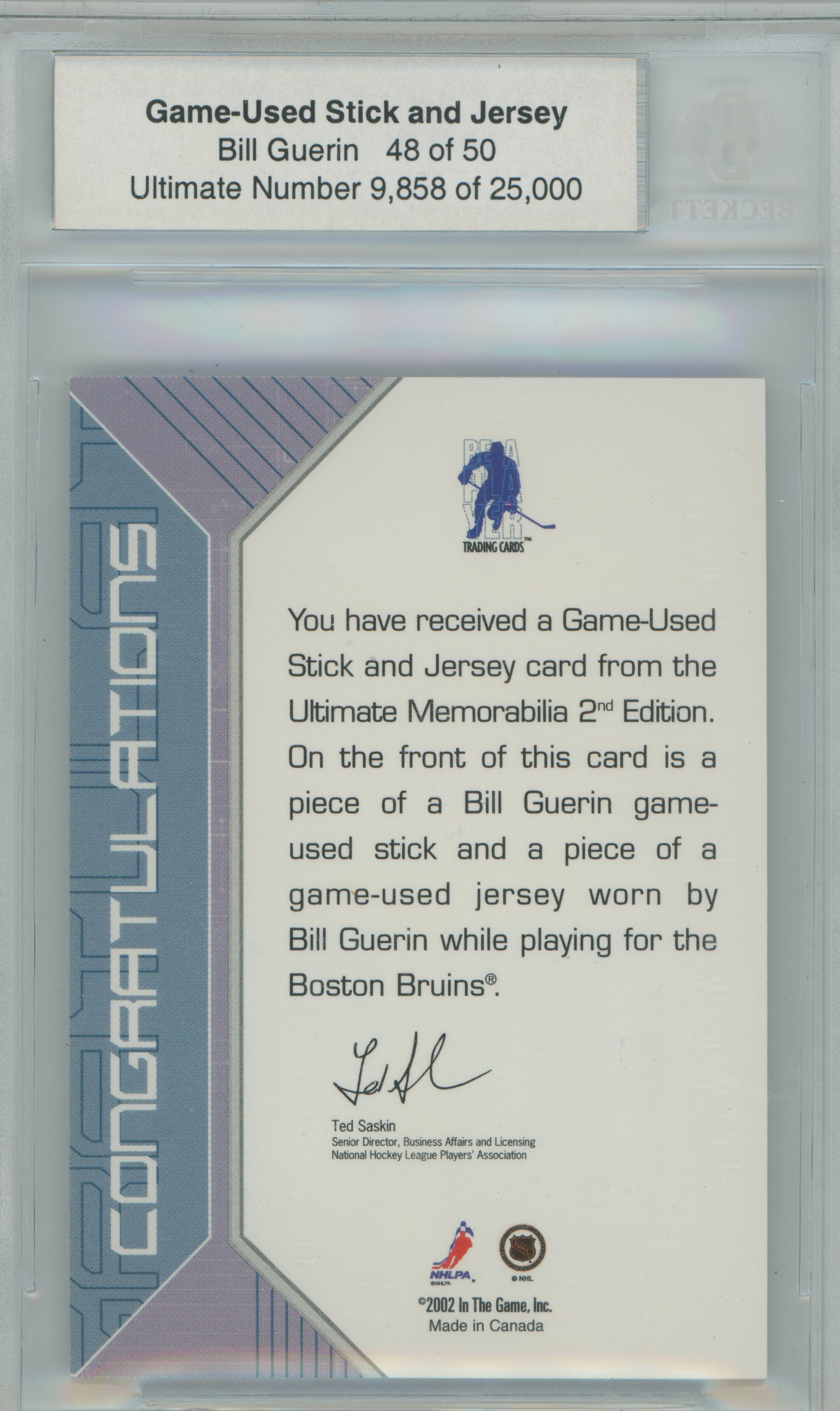 2001-02 BAP Ultimate Memorabilia Jersey Stick Bill Guerin BGS 9