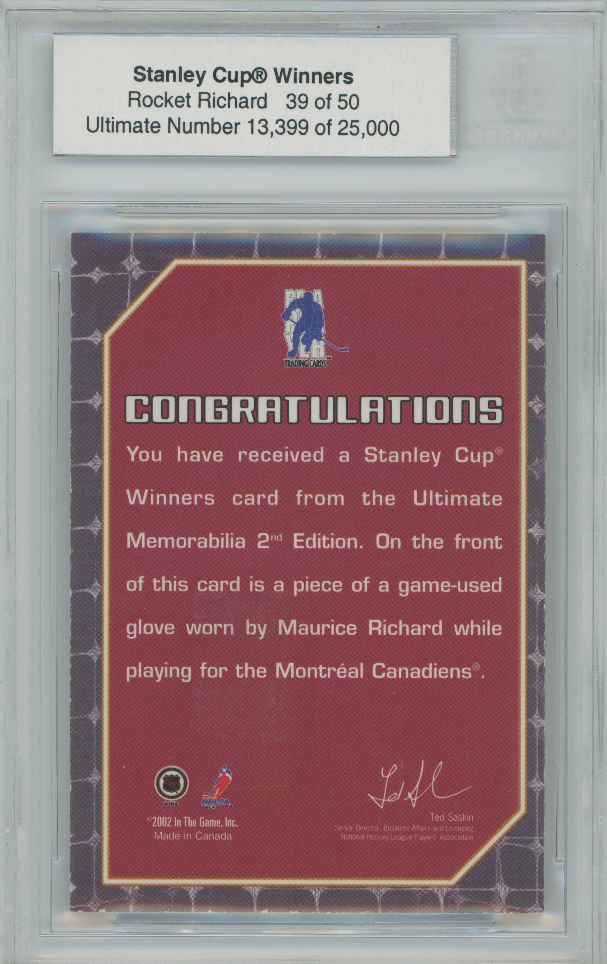 2001-02 BAP Ultimate Memorabilia Maurice Stanley Cup Winners Glove Maurice Richard BGS 9