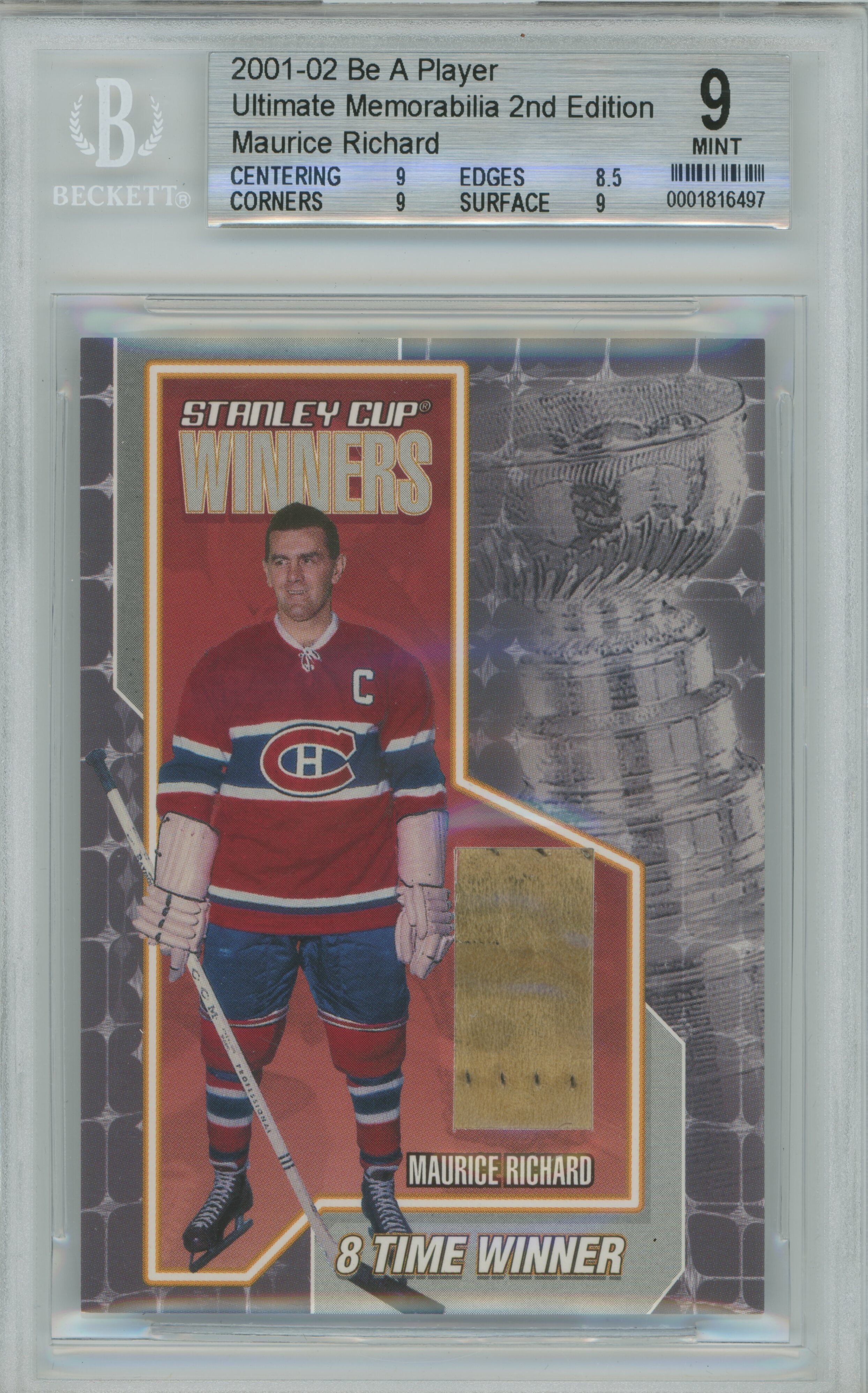 2001-02 BAP Ultimate Memorabilia Maurice Stanley Cup Winners Glove Maurice Richard BGS 9