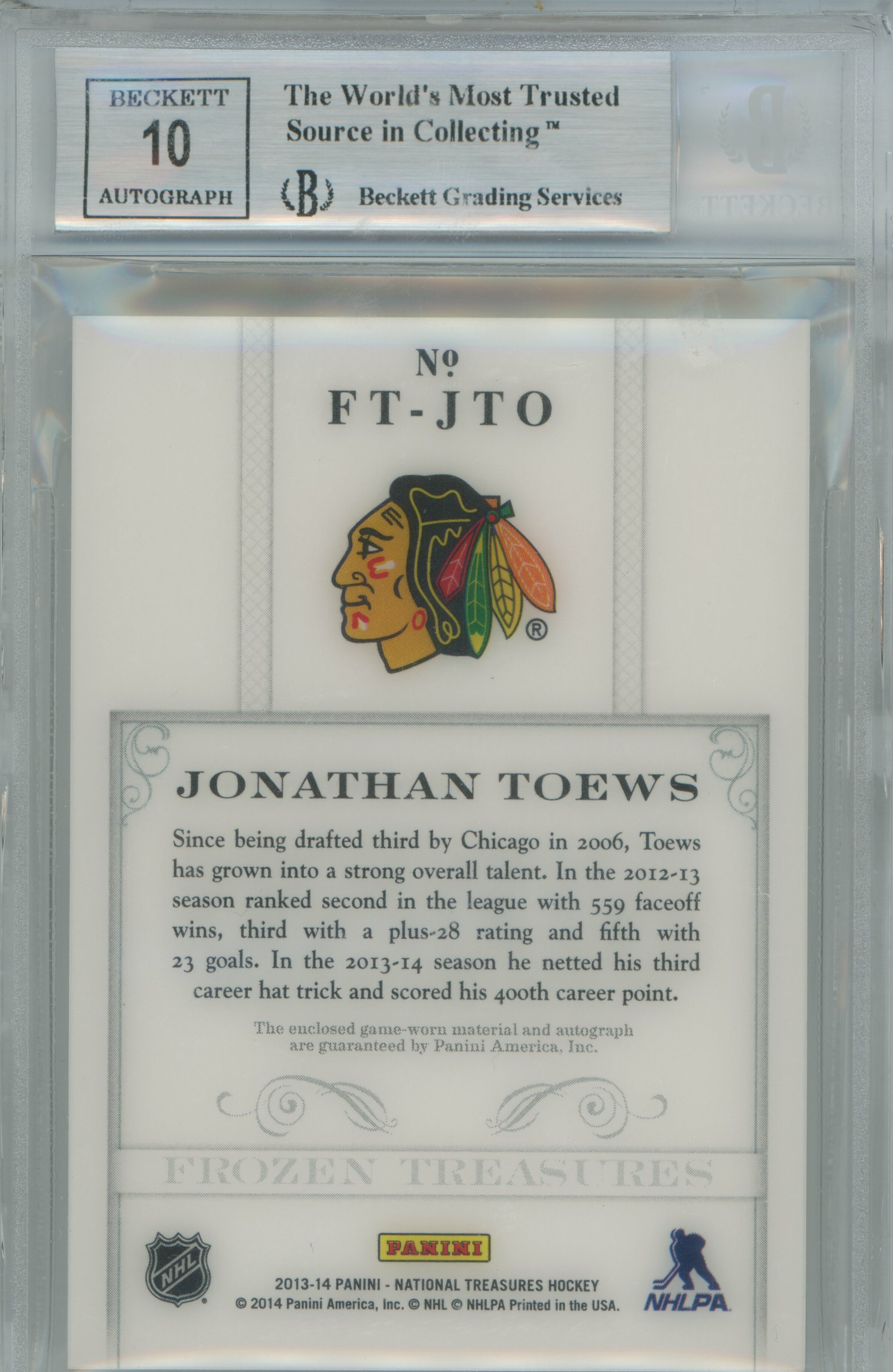 2013-14 National Treasures Frozen Treasures Patch Auto Jonathan Toews BGS 9