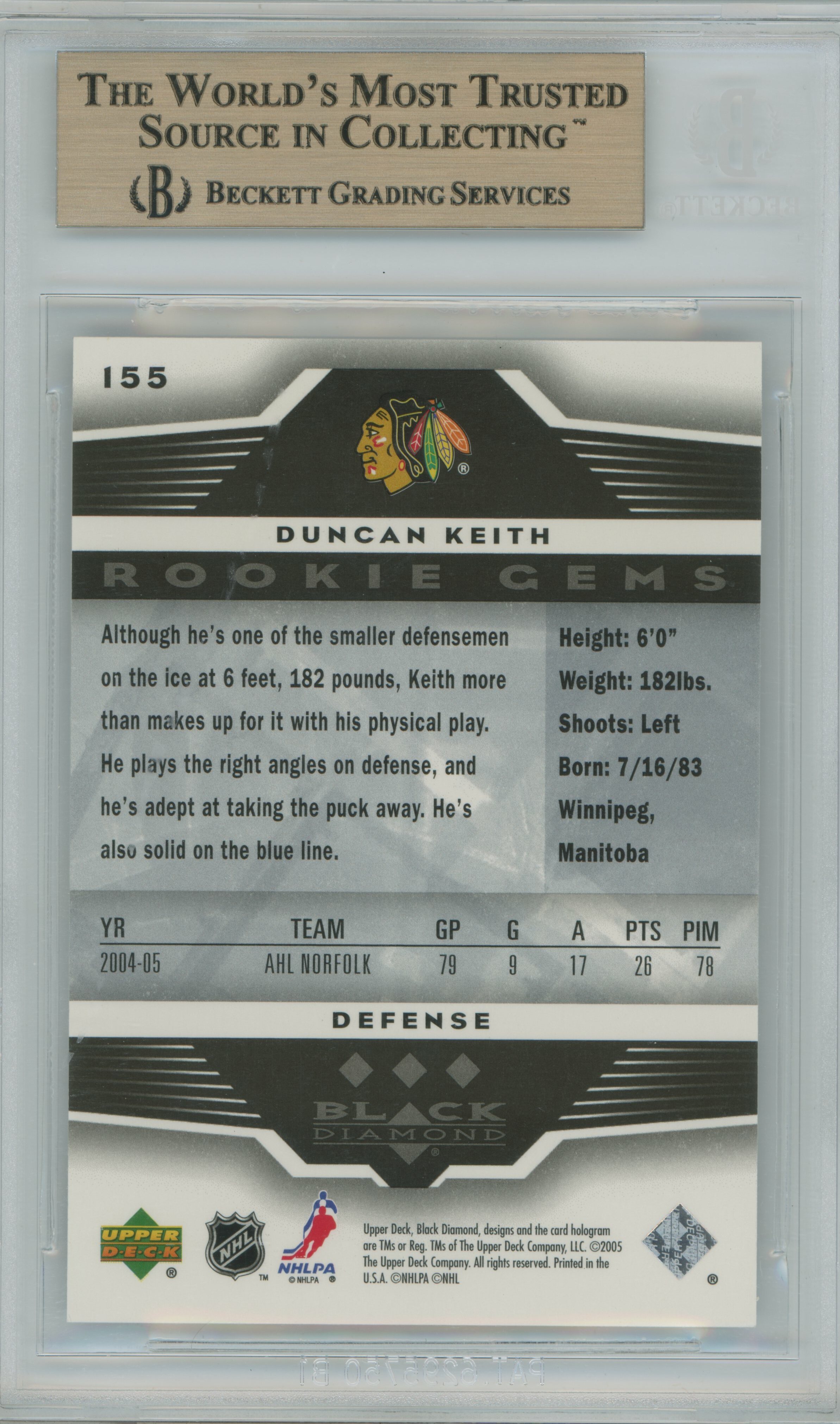 2005-06 Black Diamond RC Duncan Keith BGS 9.5