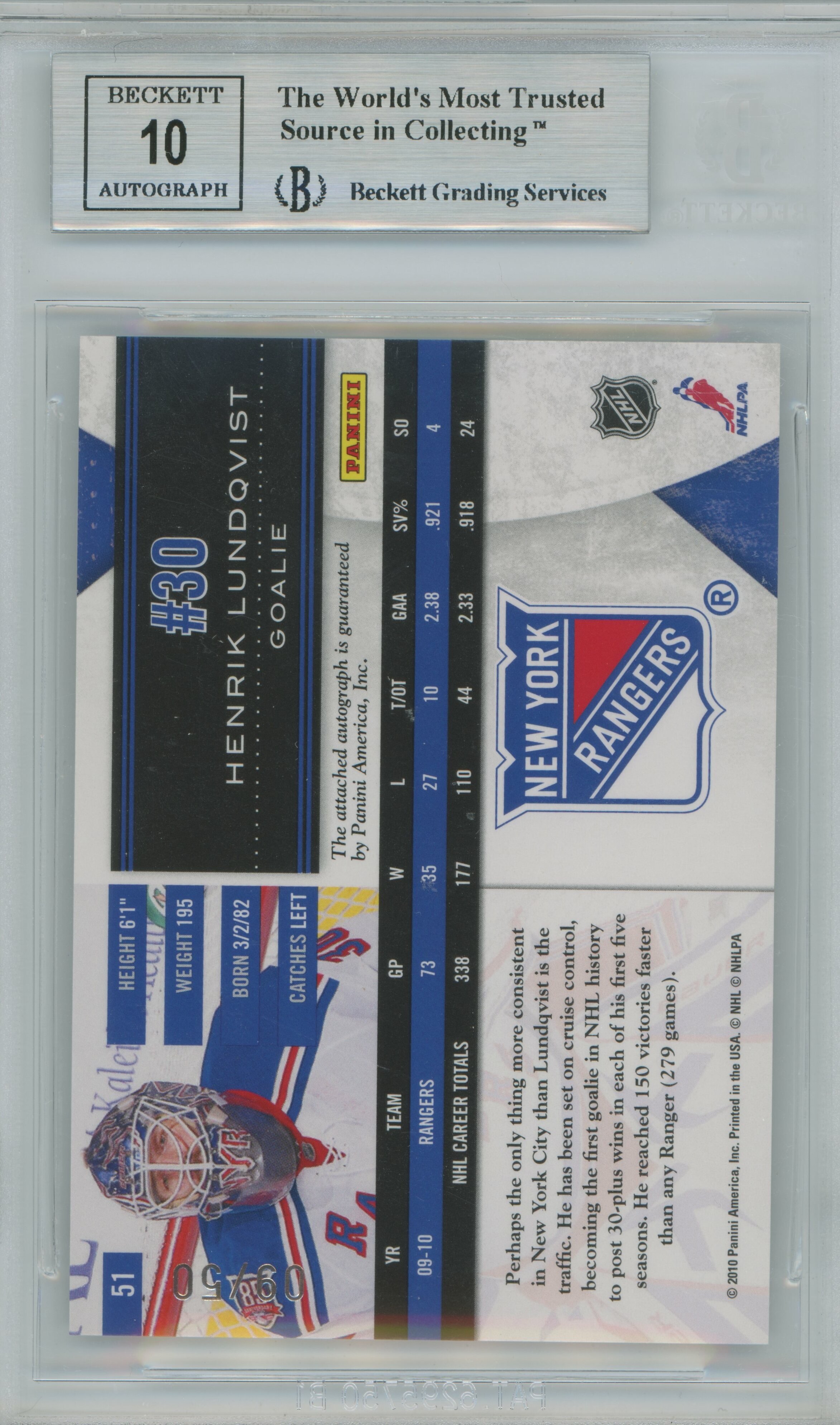 2010-11 Limited Monikers Gold Auto Henrik Lundqvist BGS 9