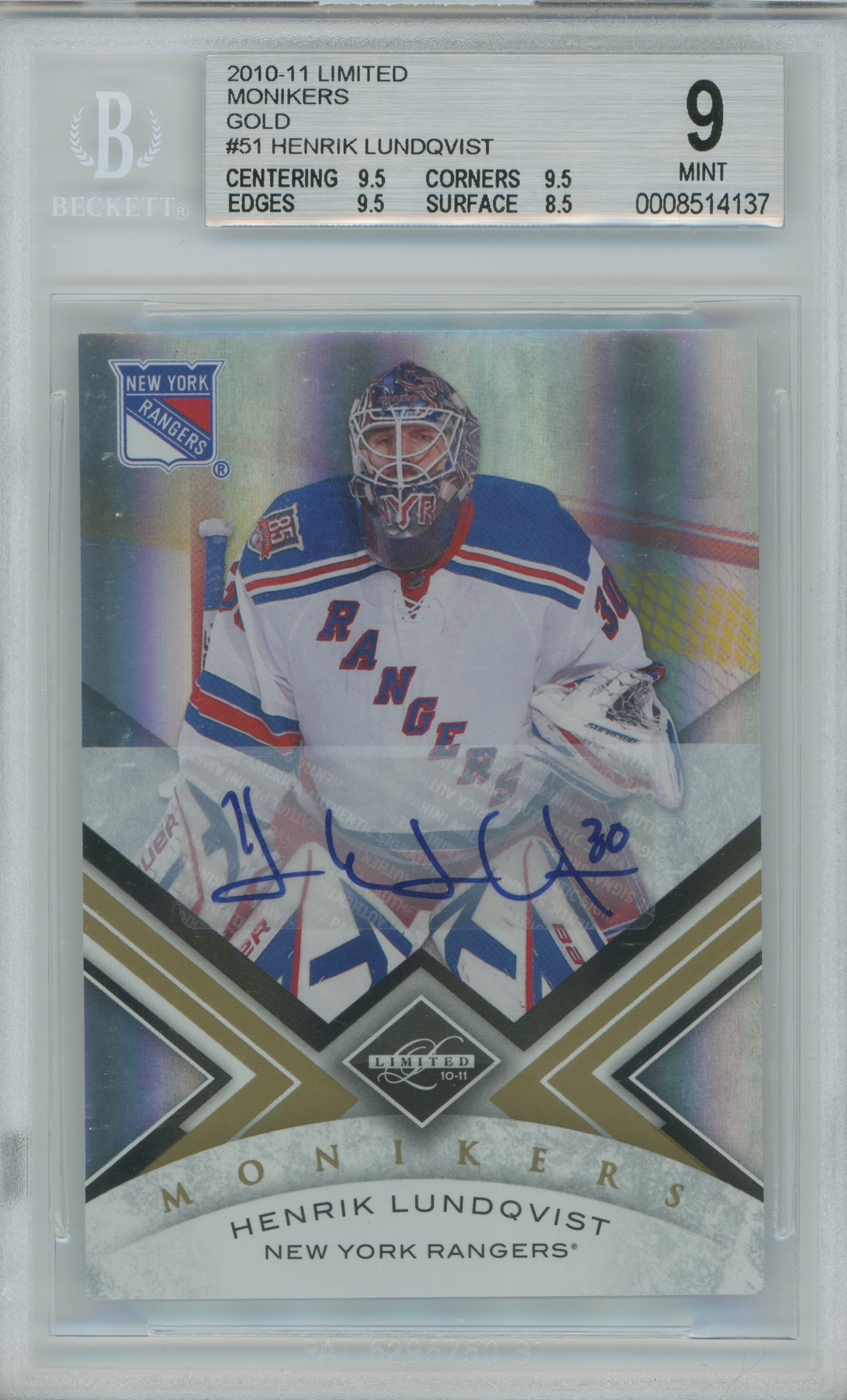 2010-11 Limited Monikers Gold Auto Henrik Lundqvist BGS 9