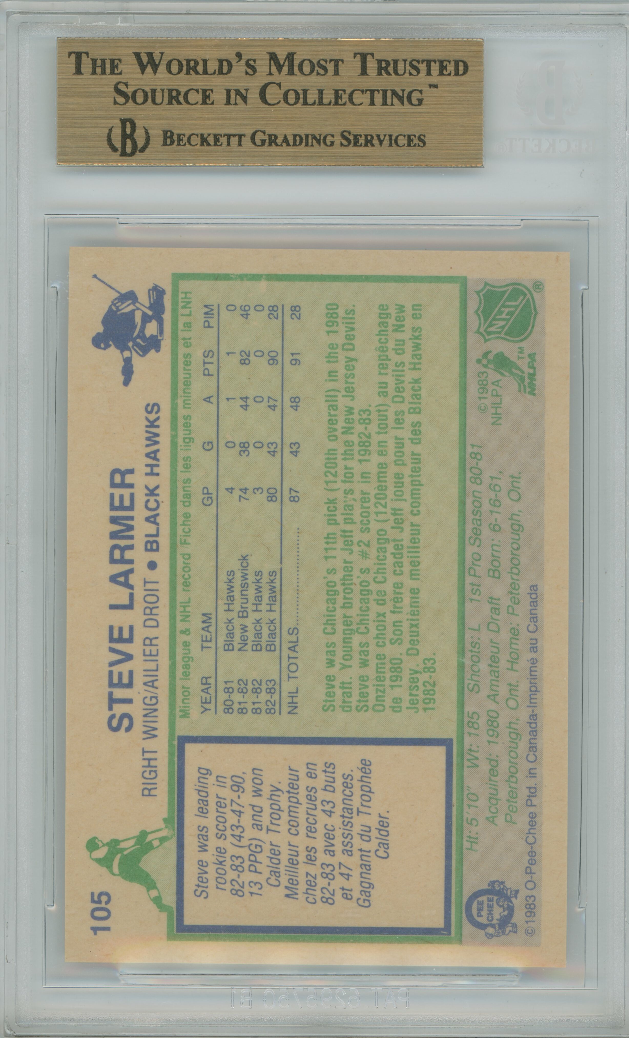 1983-84 O-Pee-Chee RC Steve Larmer BGS 9.5