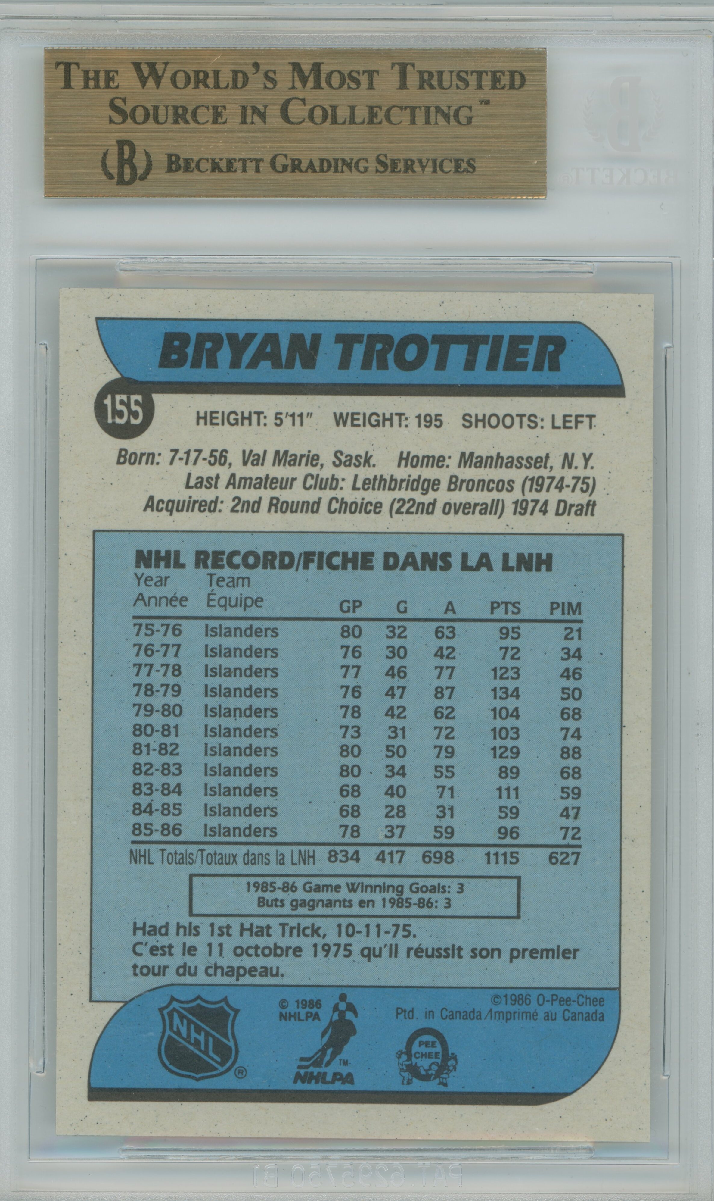 1986-87 O-Pee-Chee Bryan Trottier BGS 9.5