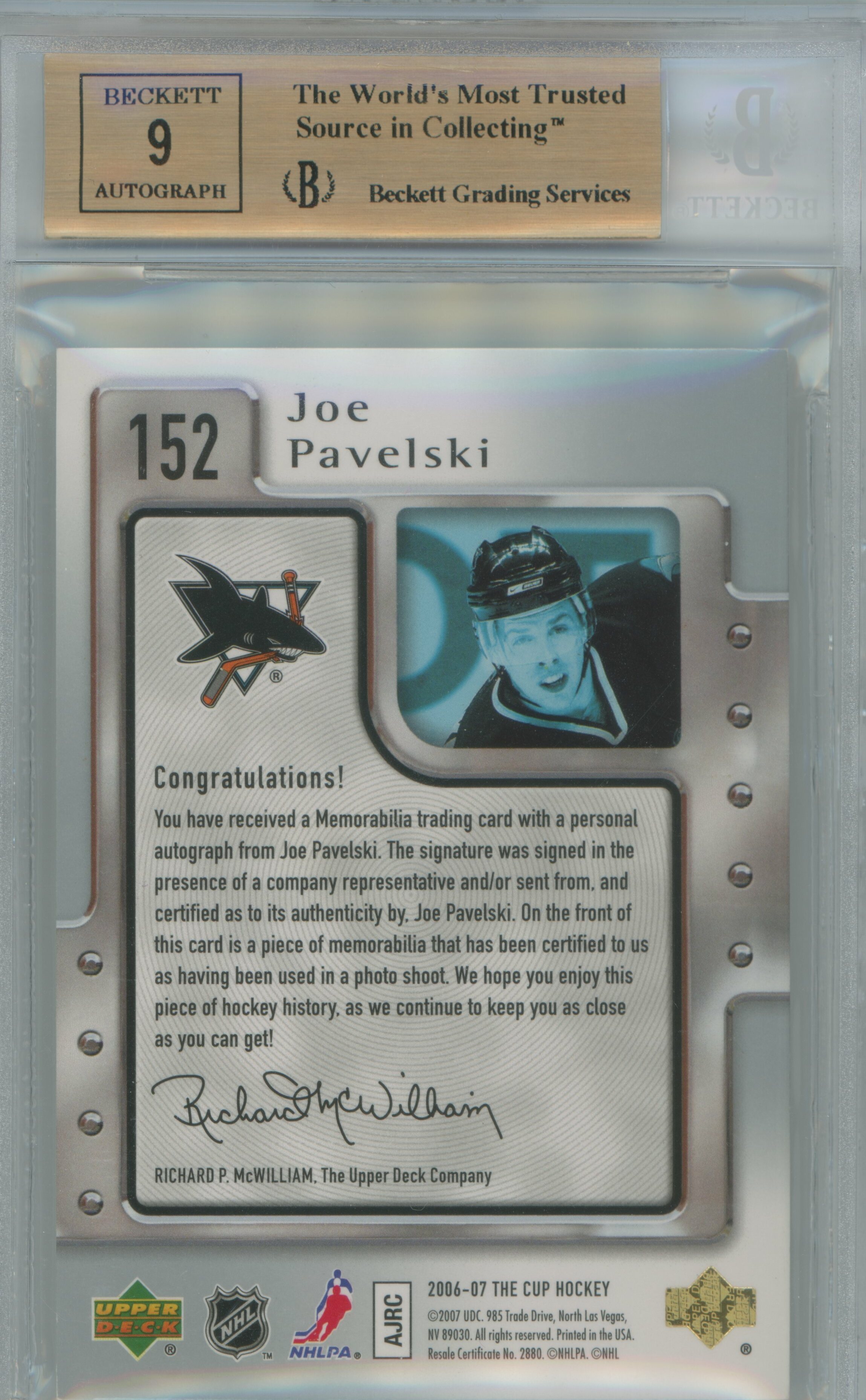 2006-07 The Cup RPA Joe Pavelski BGS 9.5