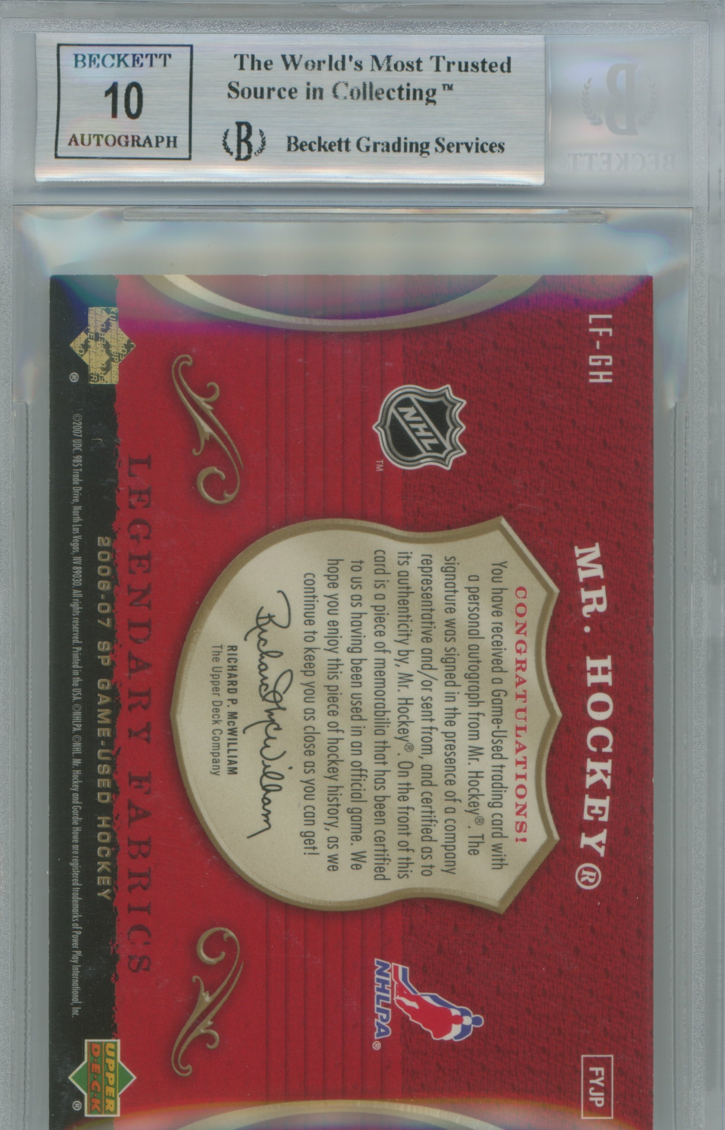 2006-07 SP Game Used Legendary Fabrics Jersey Auto Gordie Howe BGS 9