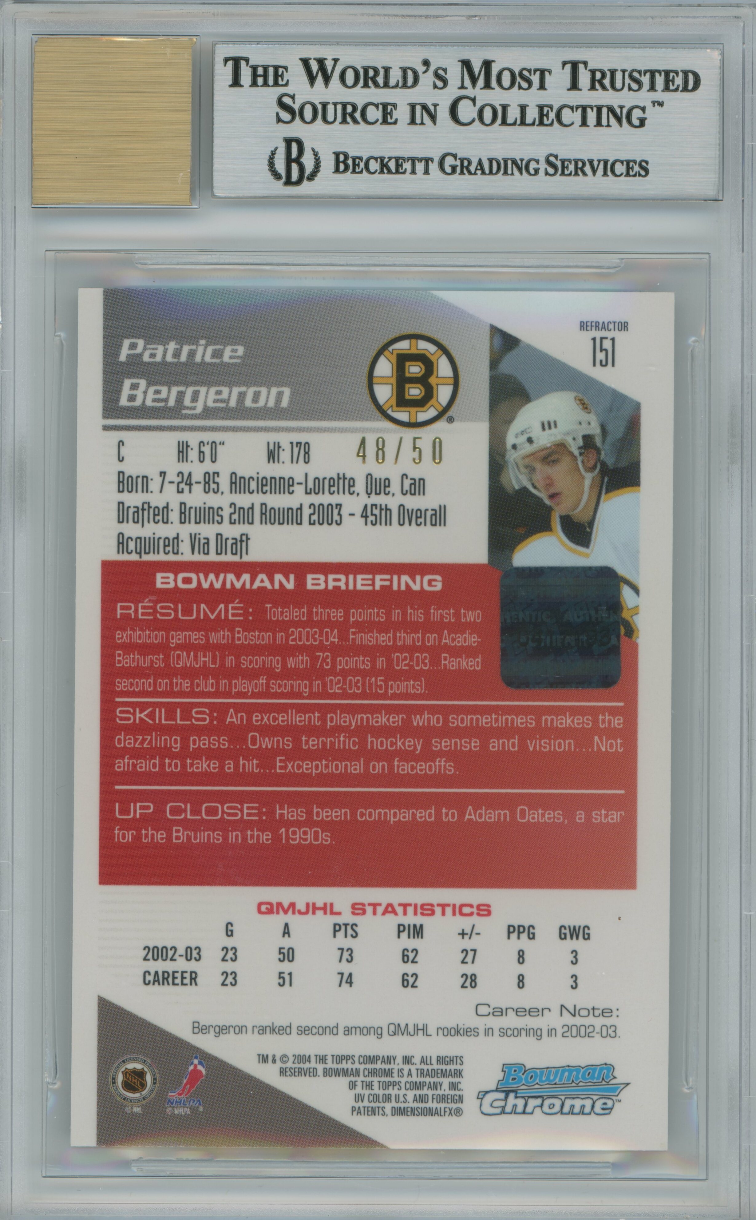 2003-04 Bowman Chrome Refractor RC Auto Patrice Bergeron BGS 9