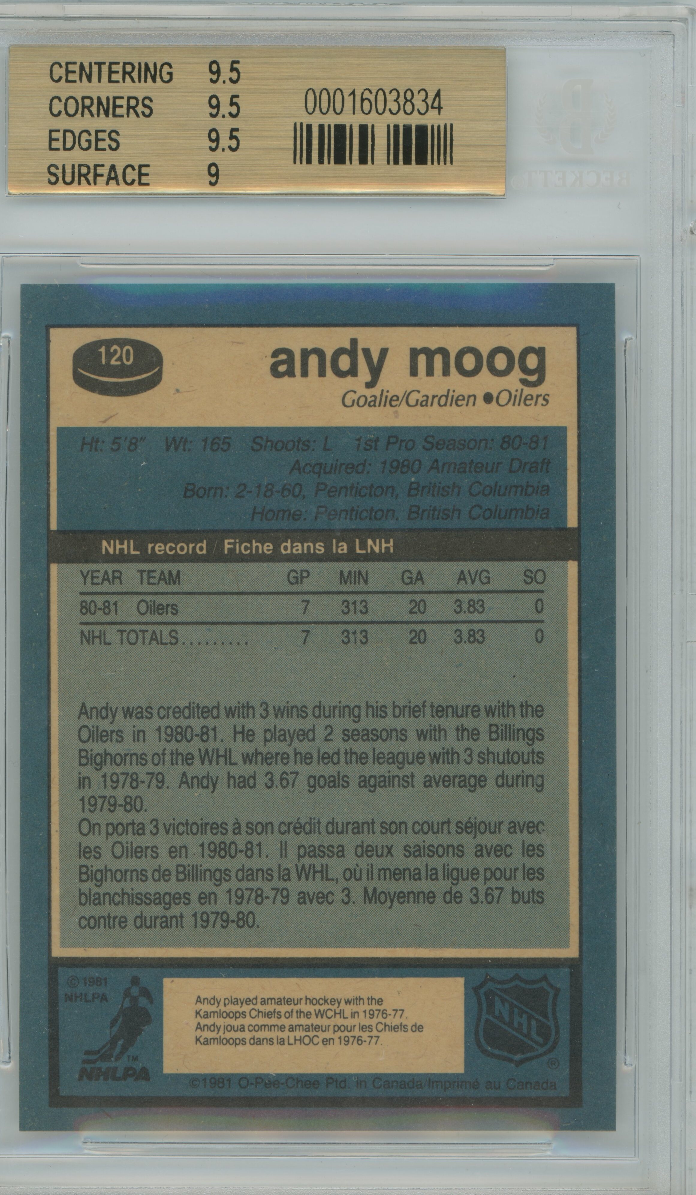 1981-82 O-Pee-Chee RC Andy Moog BGS 9.5