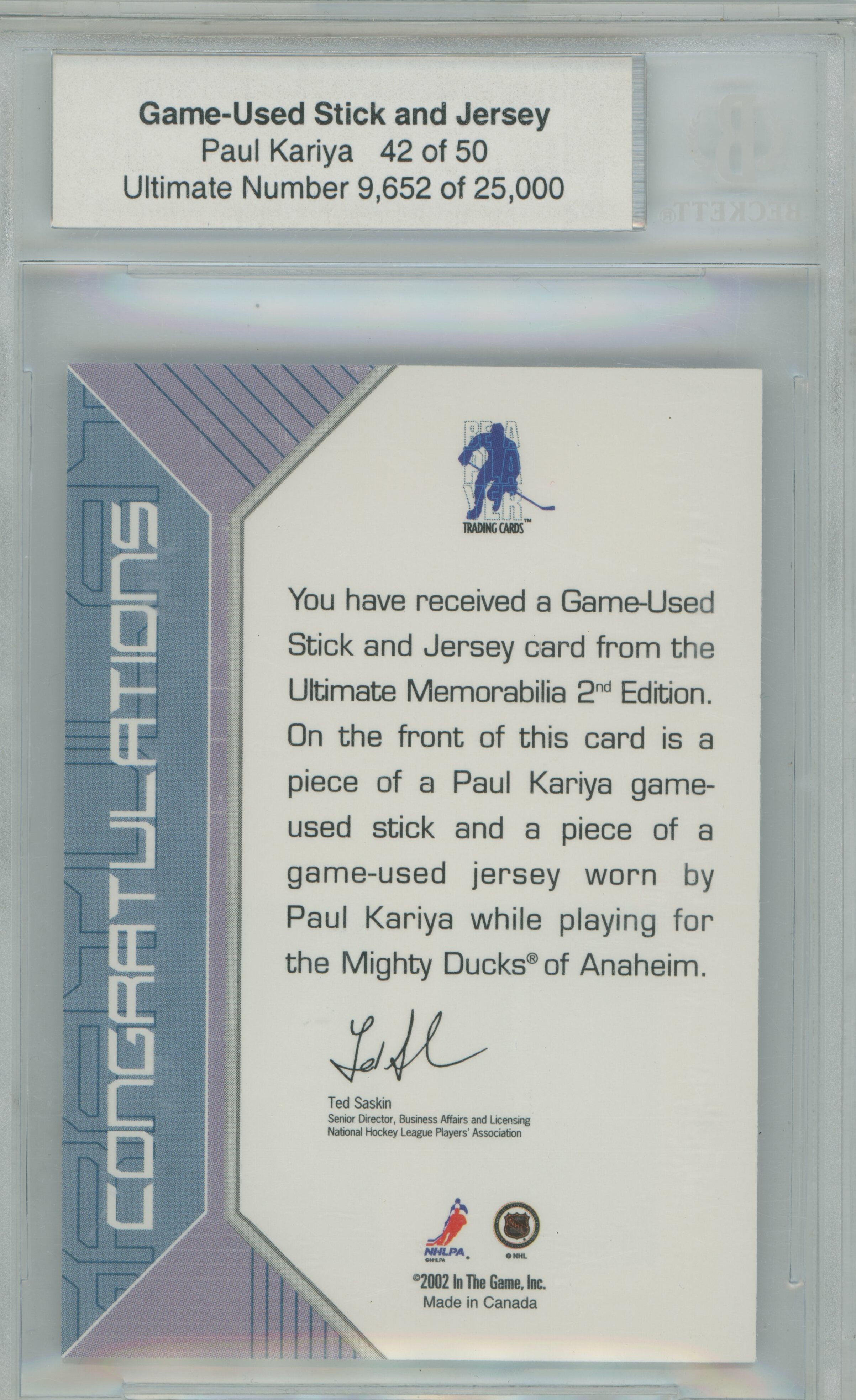 2001-02 BAP Ultimate Memorabilia Jersey Stick Paul Kariya BGS 9