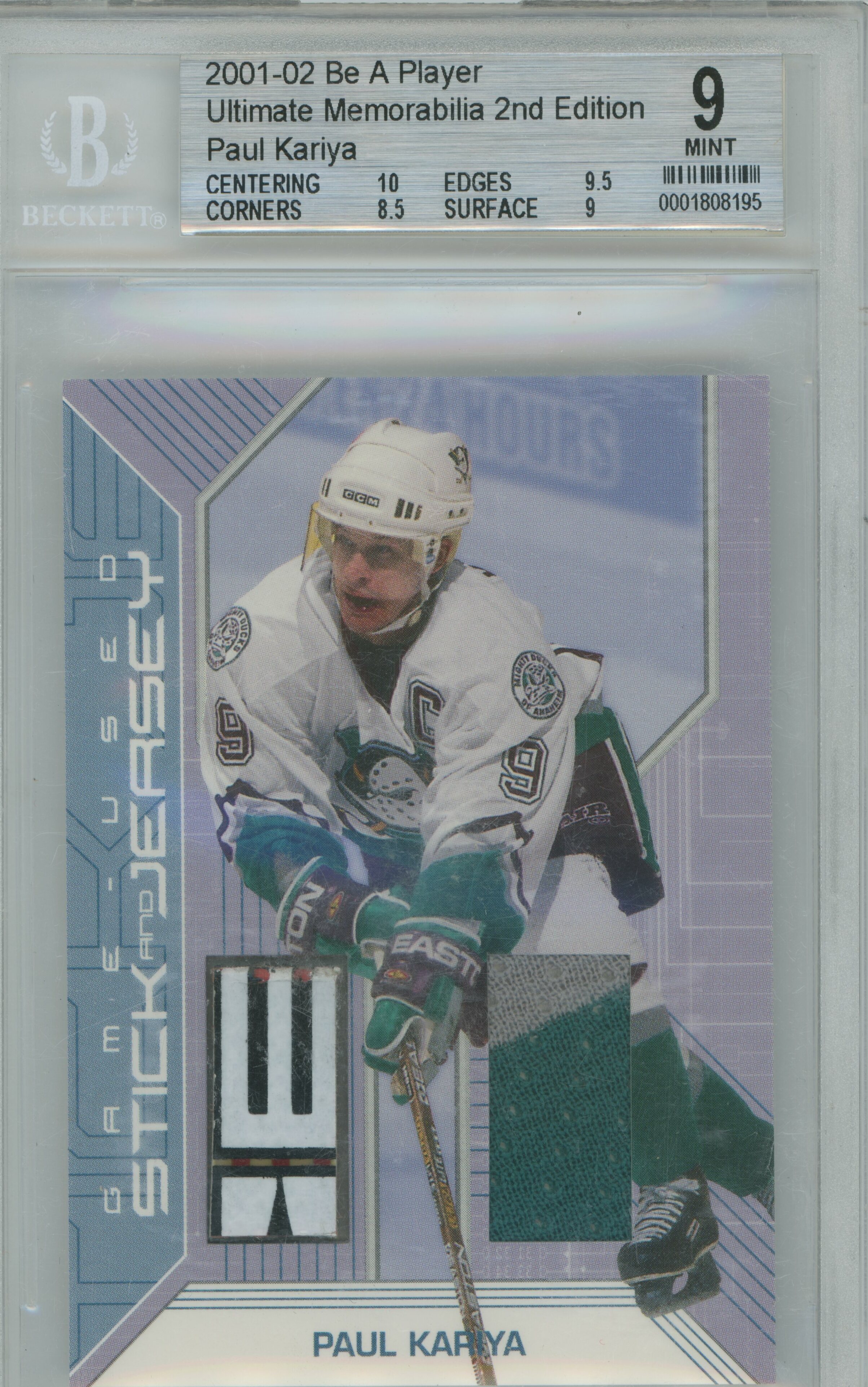 2001-02 BAP Ultimate Memorabilia Jersey Stick Paul Kariya BGS 9