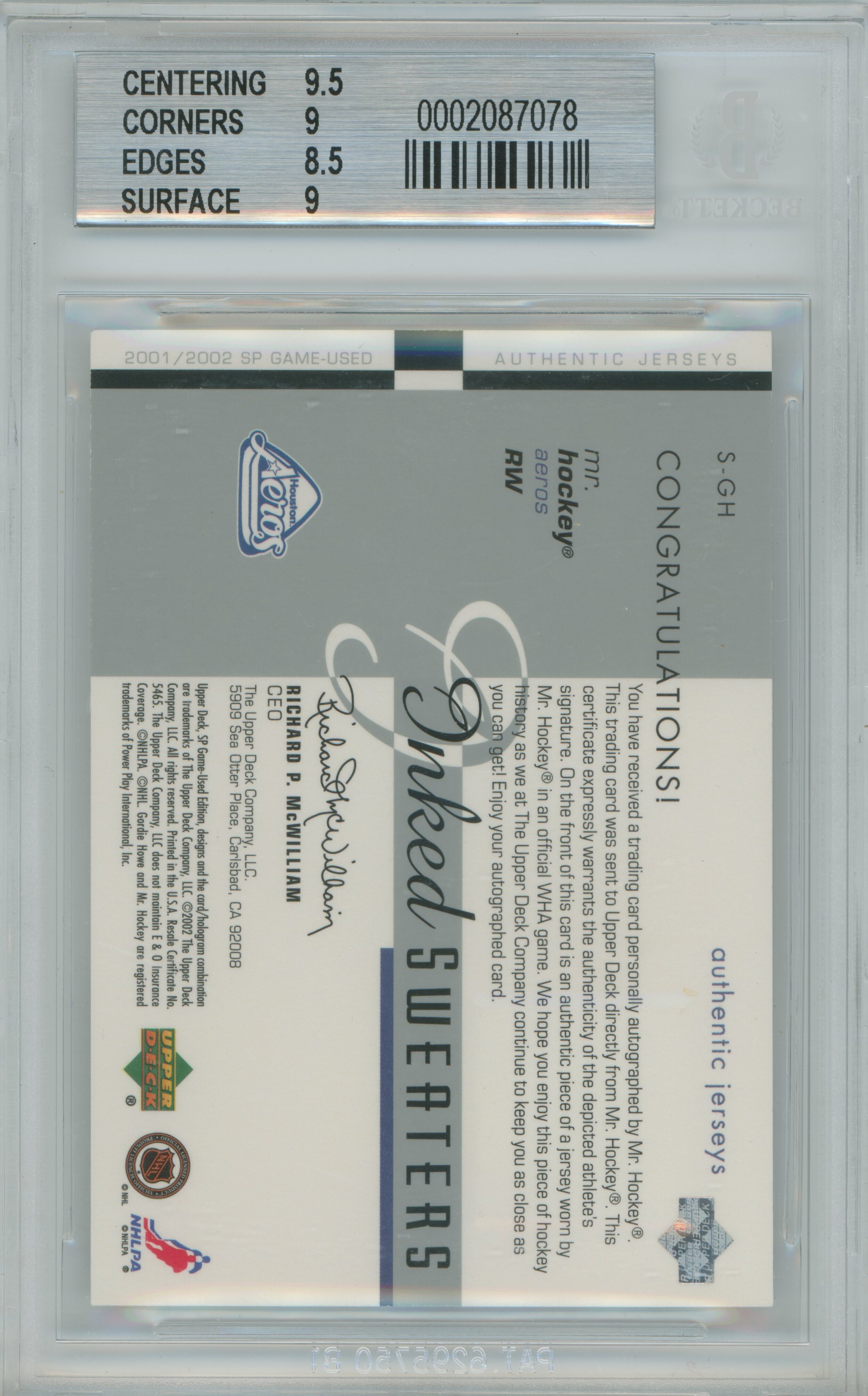 2001-02 SP Game Used Inked Sweaters Gordie Howe Jersey Auto BGS 9