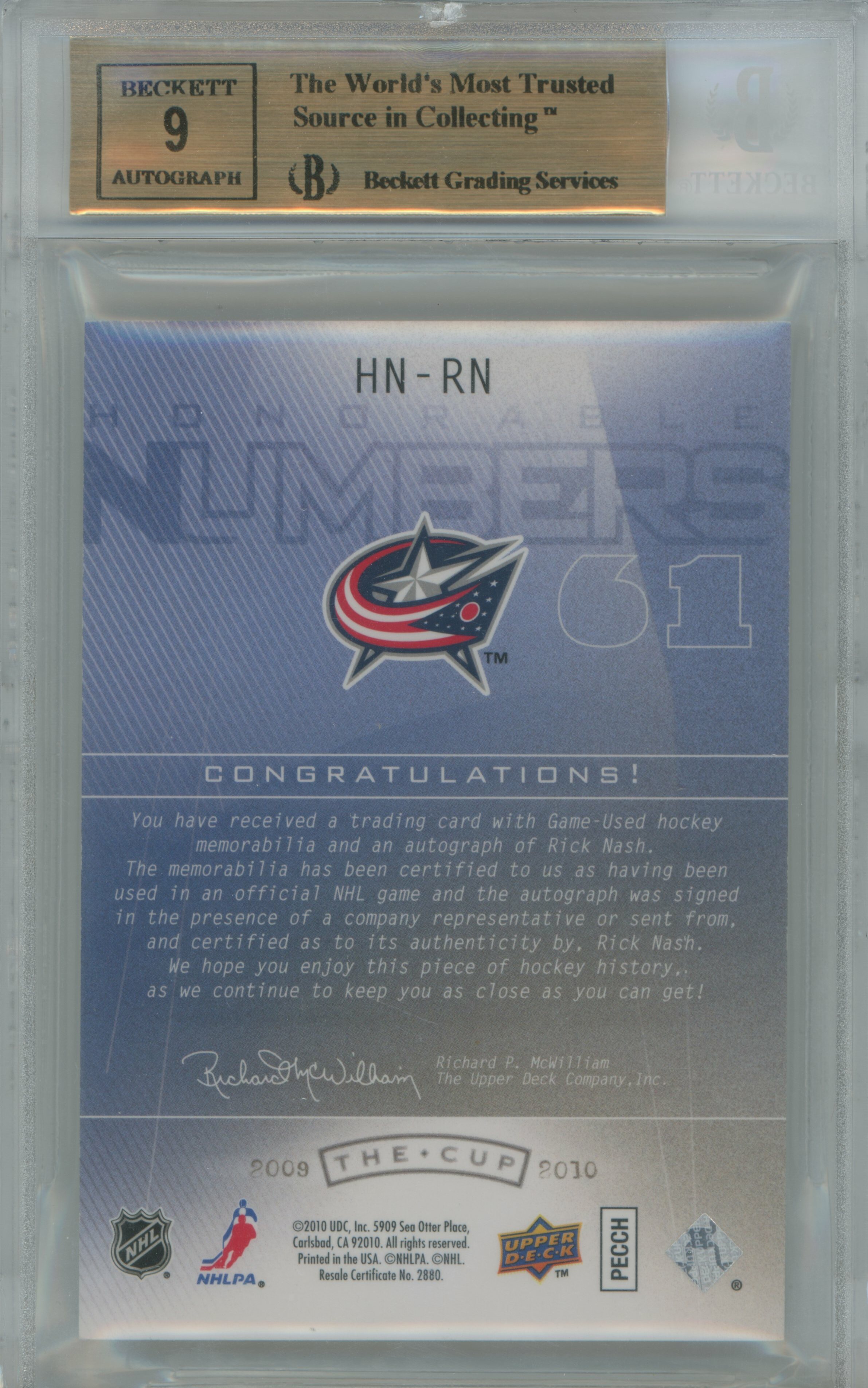 2009-10 The Cup Honorable Numbers Rick Nash Patch Auto BGS 9.5